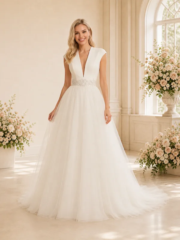 ChicSew Fancy Deep V-Neck Sleeveless A-Line Tulle Floor-Length Wedding Dress With Applique made by ChicSew