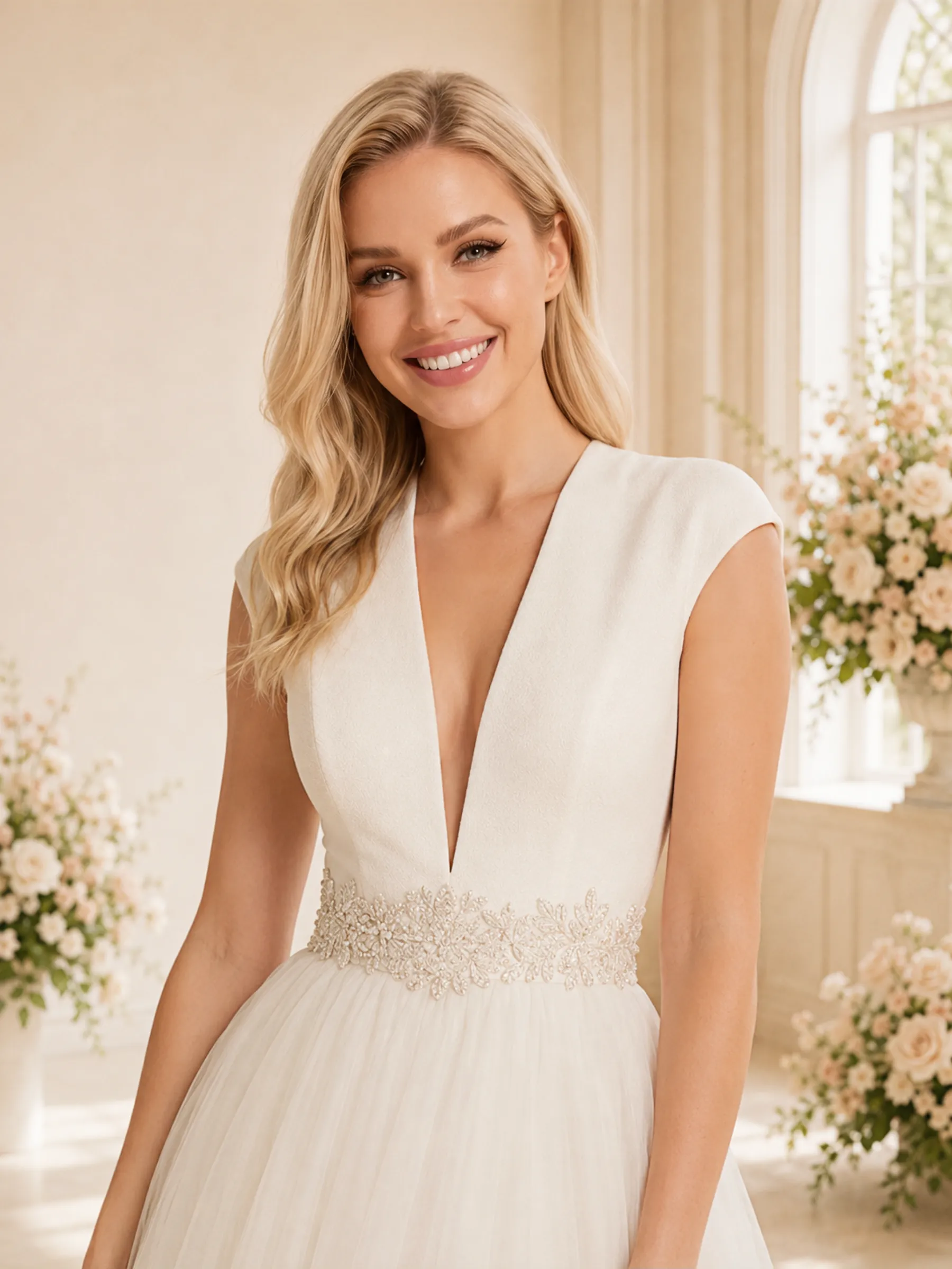 ChicSew Fancy Deep V-Neck Sleeveless A-Line Tulle Floor-Length Wedding Dress With Applique sold by ChicSew product image thumbnail 2