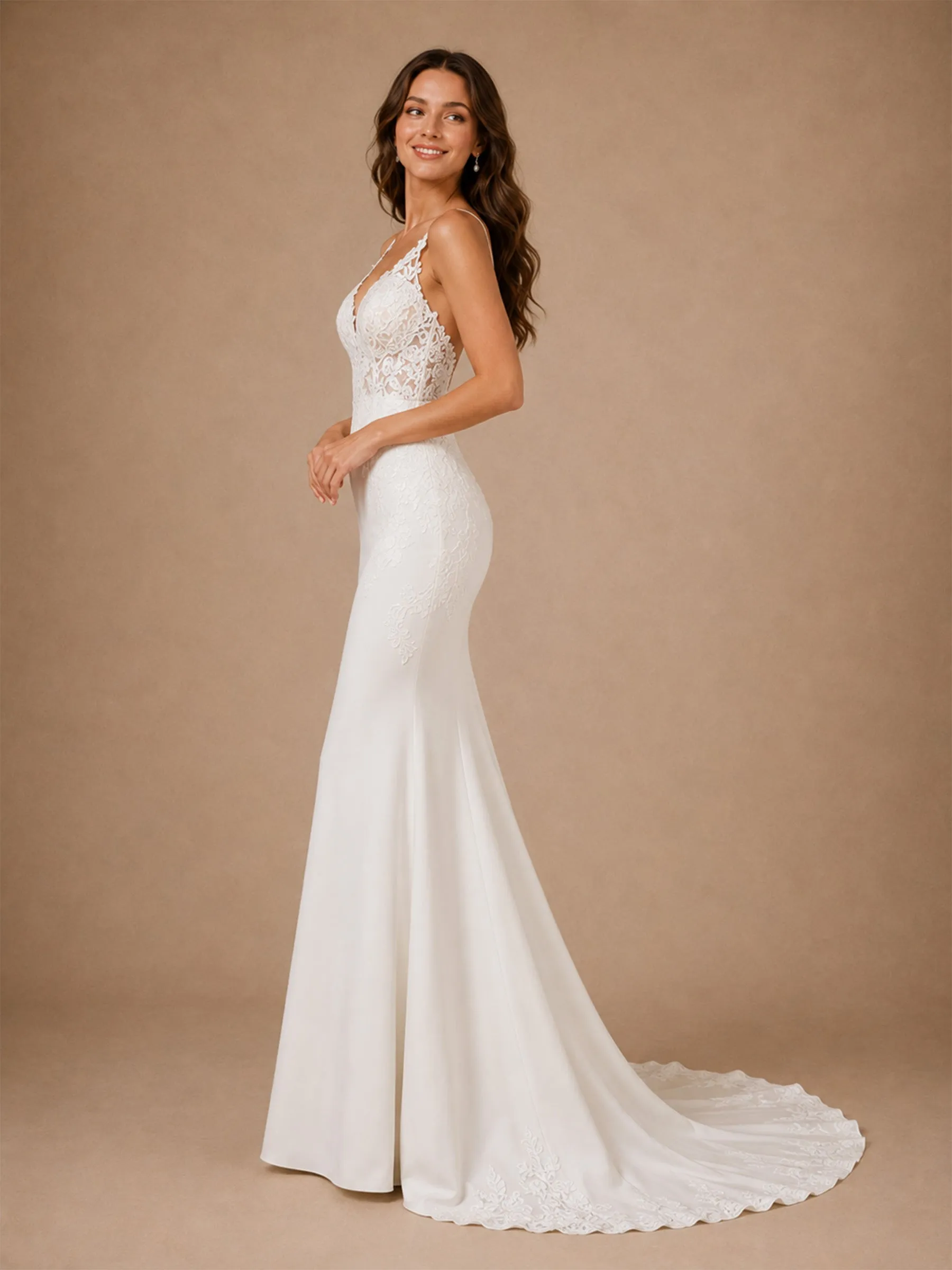 ChicSew Fancy Spaghetti Straps V-Neck Lace Appliques Mermaid Long Wedding Dress sold by ChicSew product image thumbnail 4