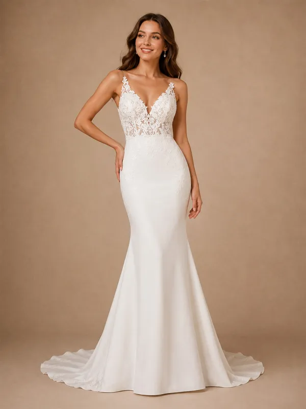 ChicSew Fancy Spaghetti Straps V-Neck Lace Appliques Mermaid Long Wedding Dress made by ChicSew