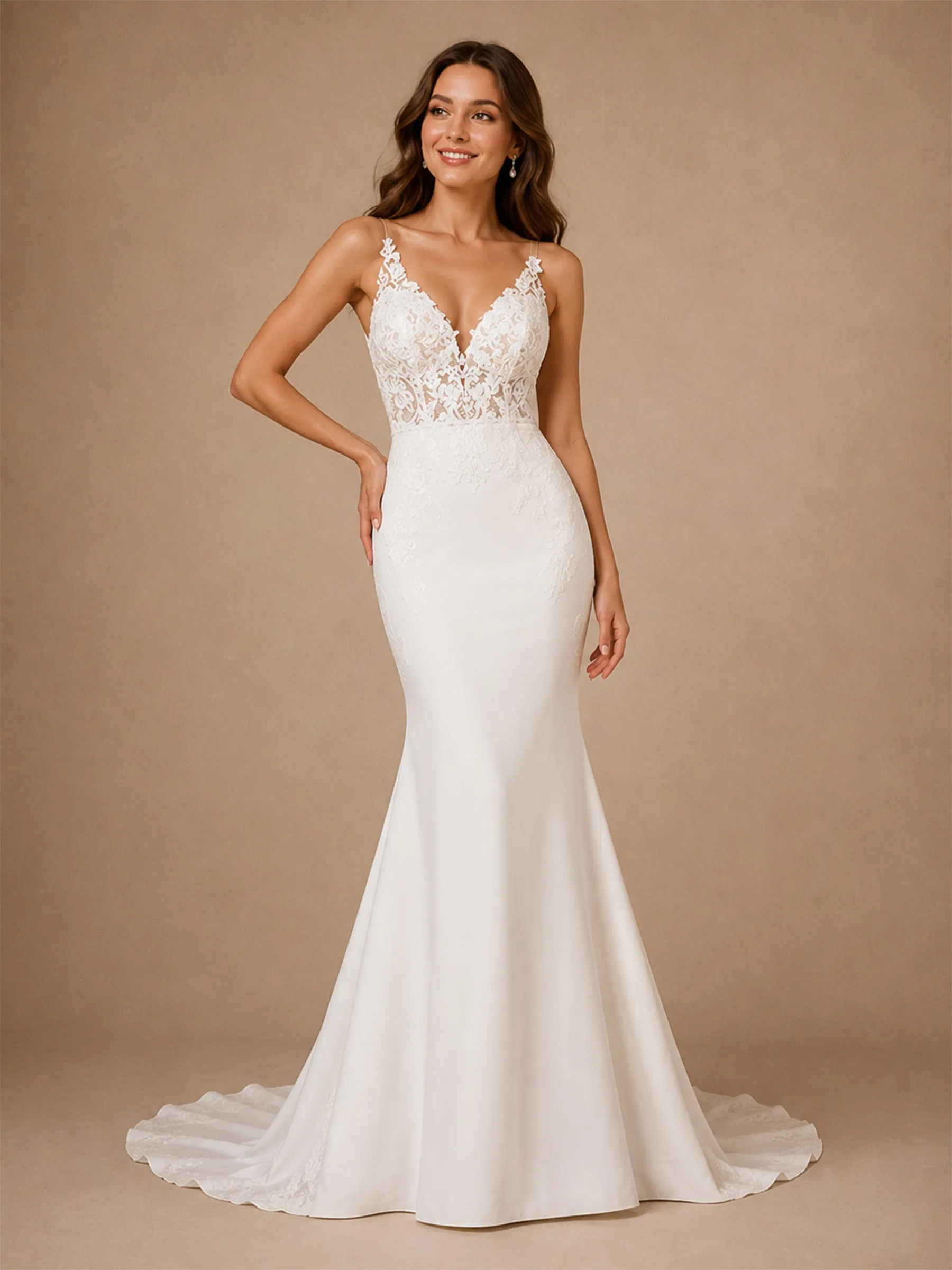 ChicSew Fancy Spaghetti Straps V-Neck Lace Appliques Mermaid Long Wedding Dress sold by ChicSew