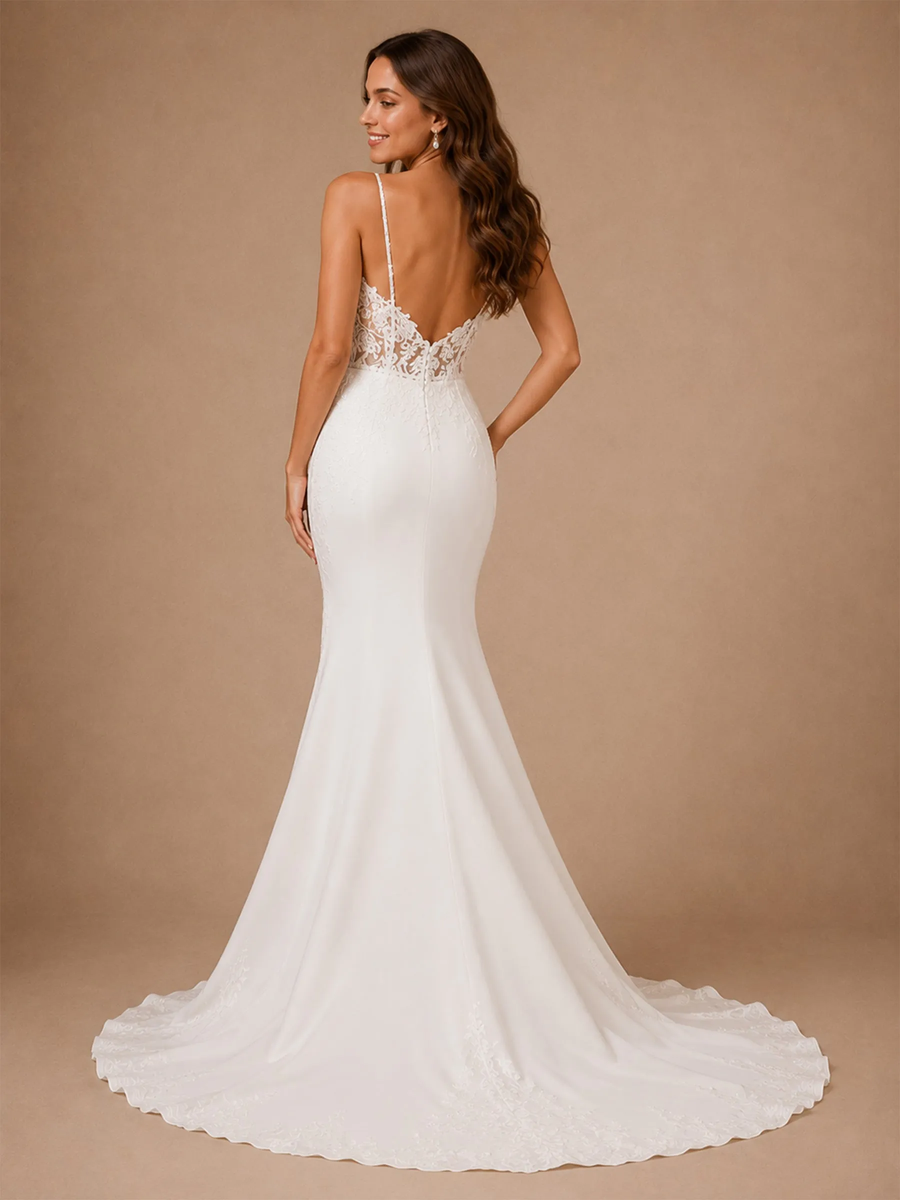 ChicSew Fancy Spaghetti Straps V-Neck Lace Appliques Mermaid Long Wedding Dress sold by ChicSew product image thumbnail 3