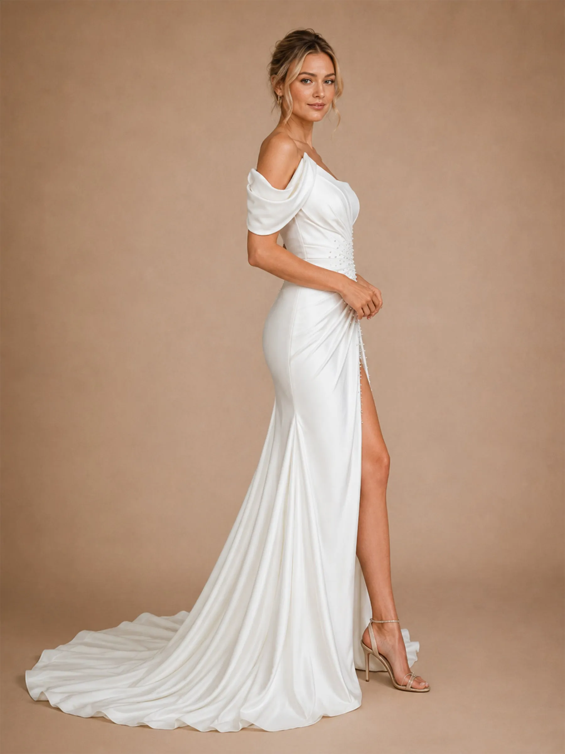 ChicSew Fancy One Shoulder Ruched Satin Mermaid Side Slit Floor-Length Wedding Dress With Beading sold by ChicSew product image thumbnail 4