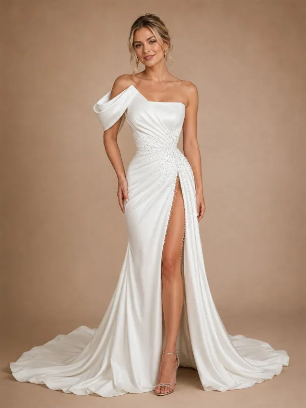 ChicSew Fancy One Shoulder Ruched Satin Mermaid Side Slit Floor-Length Wedding Dress With Beading made by ChicSew