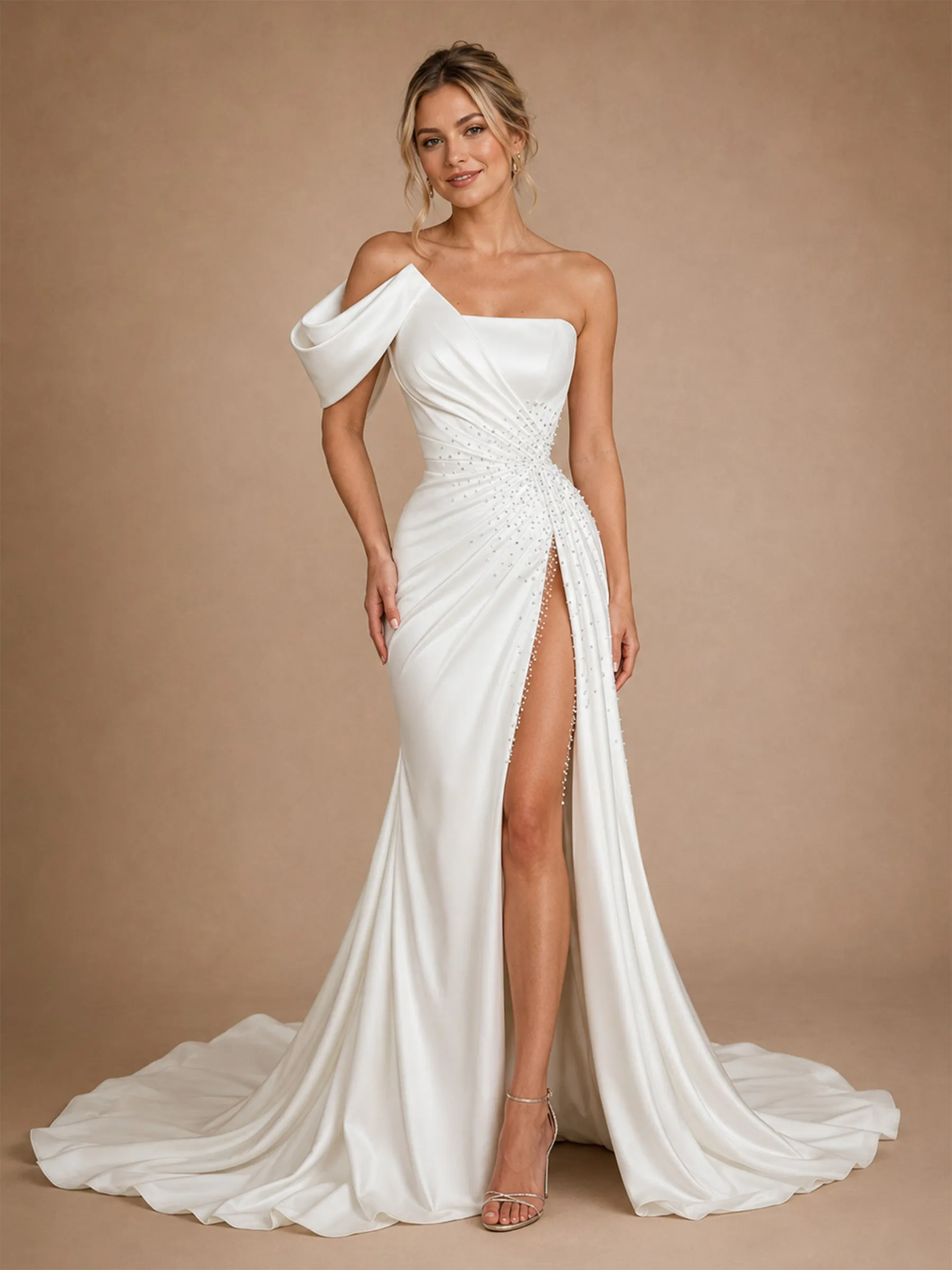 ChicSew Fancy One Shoulder Ruched Satin Mermaid Side Slit Floor-Length Wedding Dress With Beading sold by ChicSew