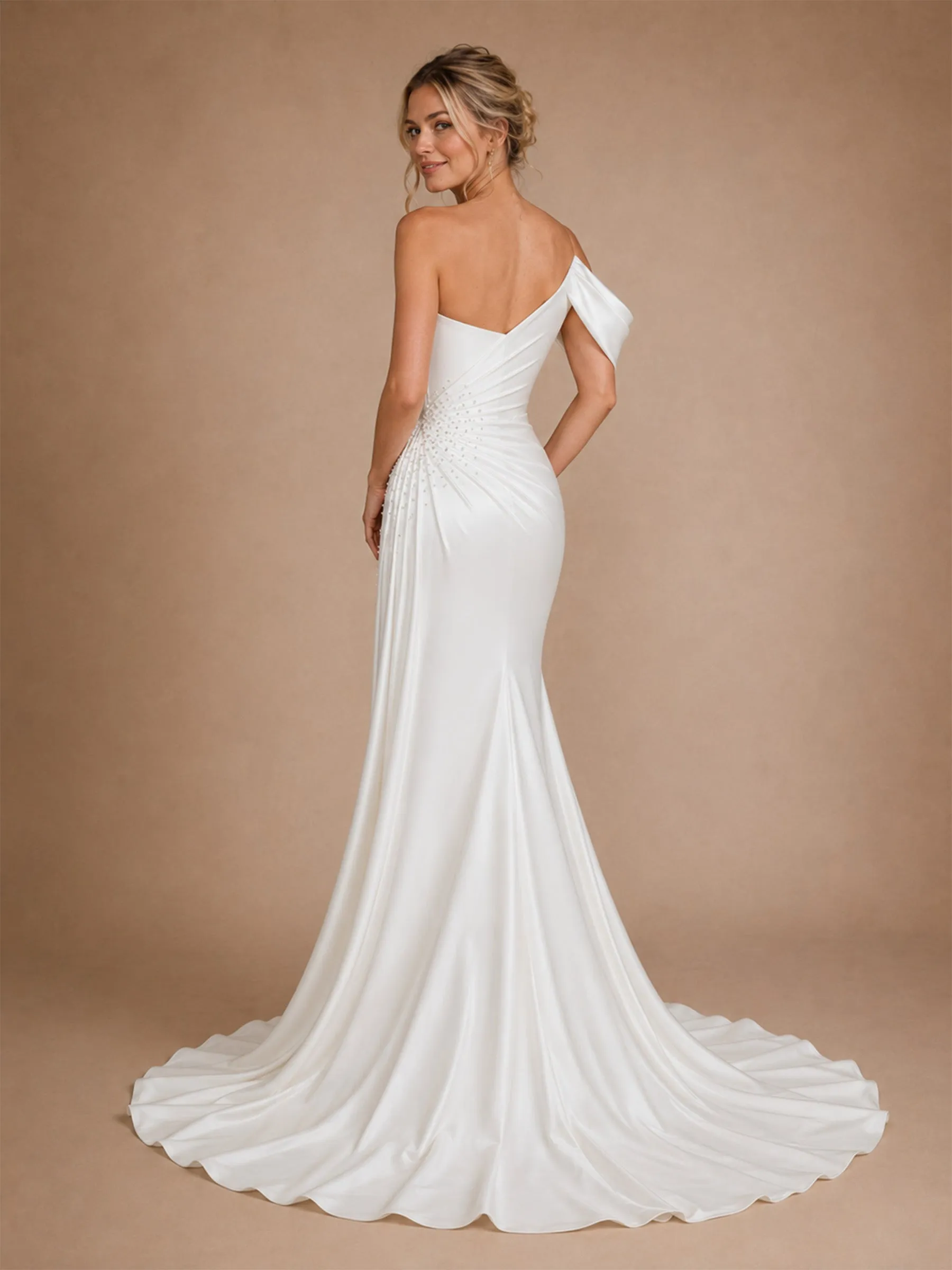 ChicSew Fancy One Shoulder Ruched Satin Mermaid Side Slit Floor-Length Wedding Dress With Beading sold by ChicSew product image thumbnail 3