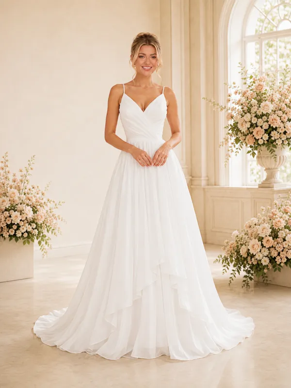 ChicSew Classy V-Neck Spaghetti Straps A-Line Chiffon Long Wedding Dresses made by ChicSew