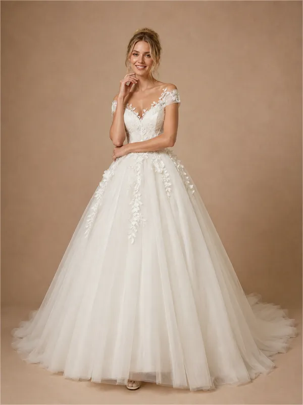 ChicSew Beautiful Off The Shoulder Lace Appliques Tulle A-Line Long Wedding Dresses made by ChicSew