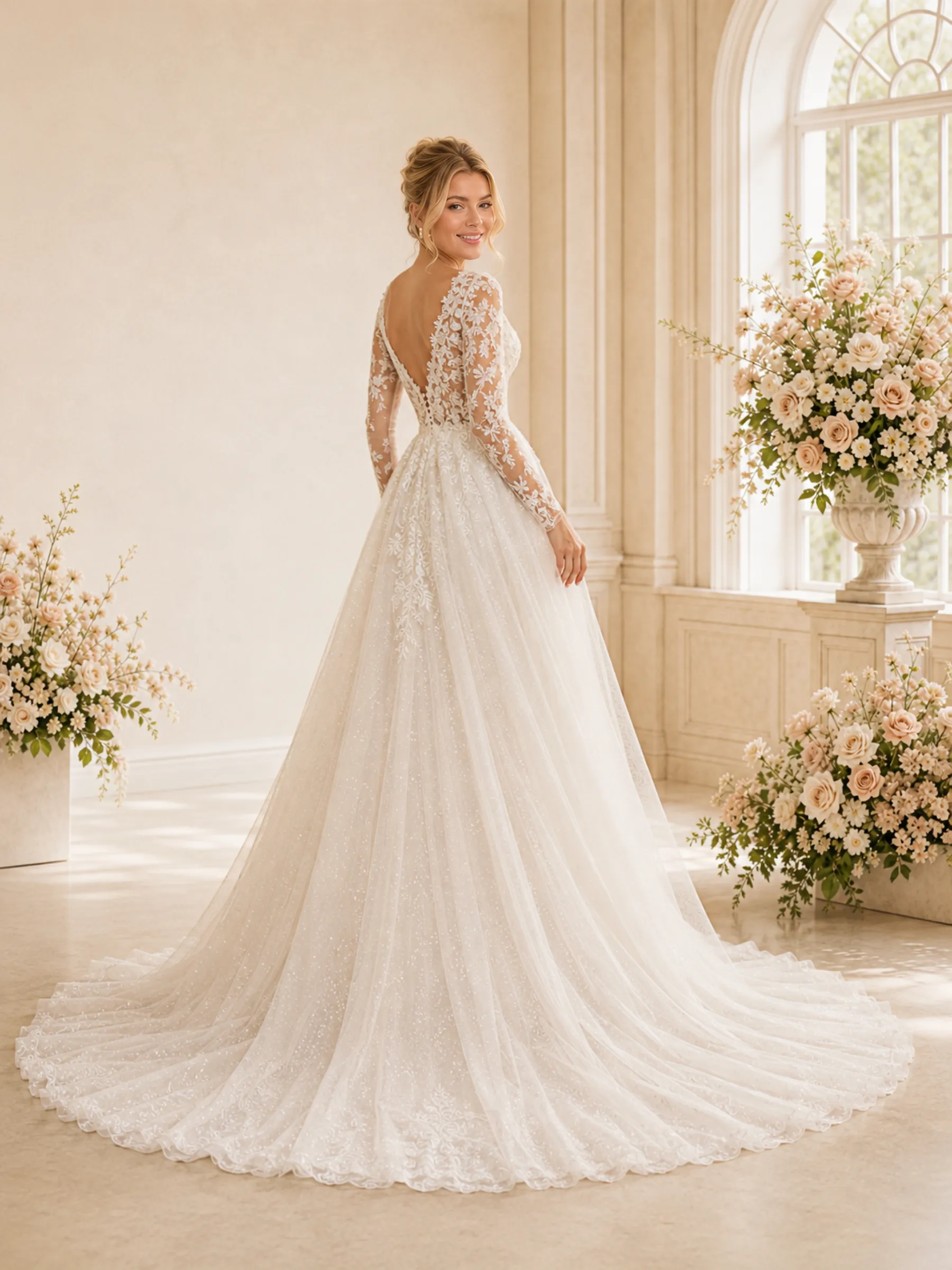 ChicSew Romantic Pretty A-Line Lace Tulle V-Neck Long Sleeves Floor-Length Wedding Dresses sold by ChicSew product image thumbnail 4