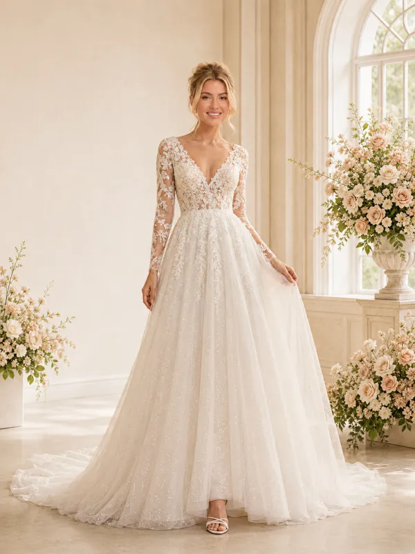 ChicSew Romantic Pretty A-Line Lace Tulle V-Neck Long Sleeves Floor-Length Wedding Dresses made by ChicSew