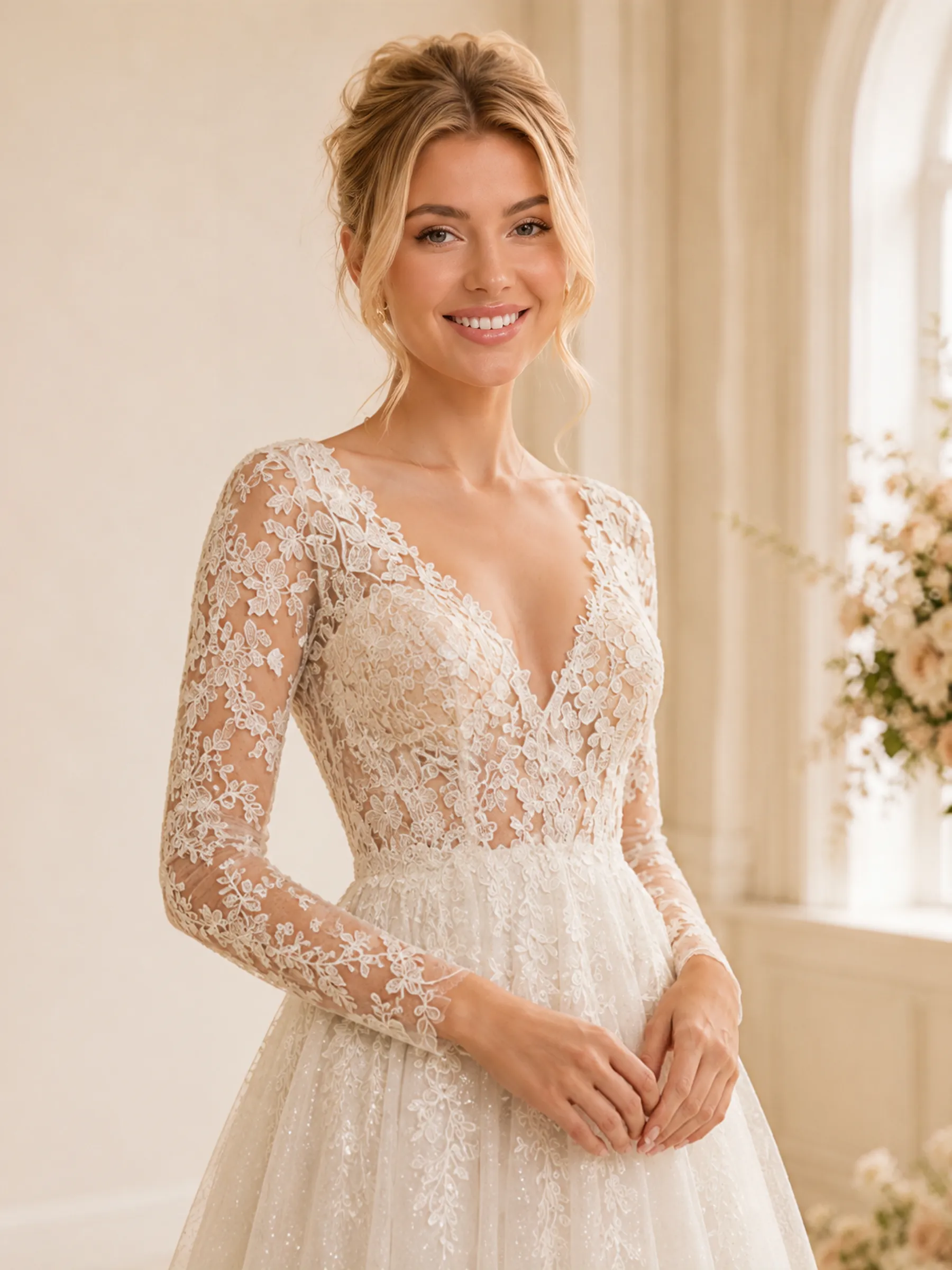 ChicSew Romantic Pretty A-Line Lace Tulle V-Neck Long Sleeves Floor-Length Wedding Dresses sold by ChicSew product image thumbnail 2