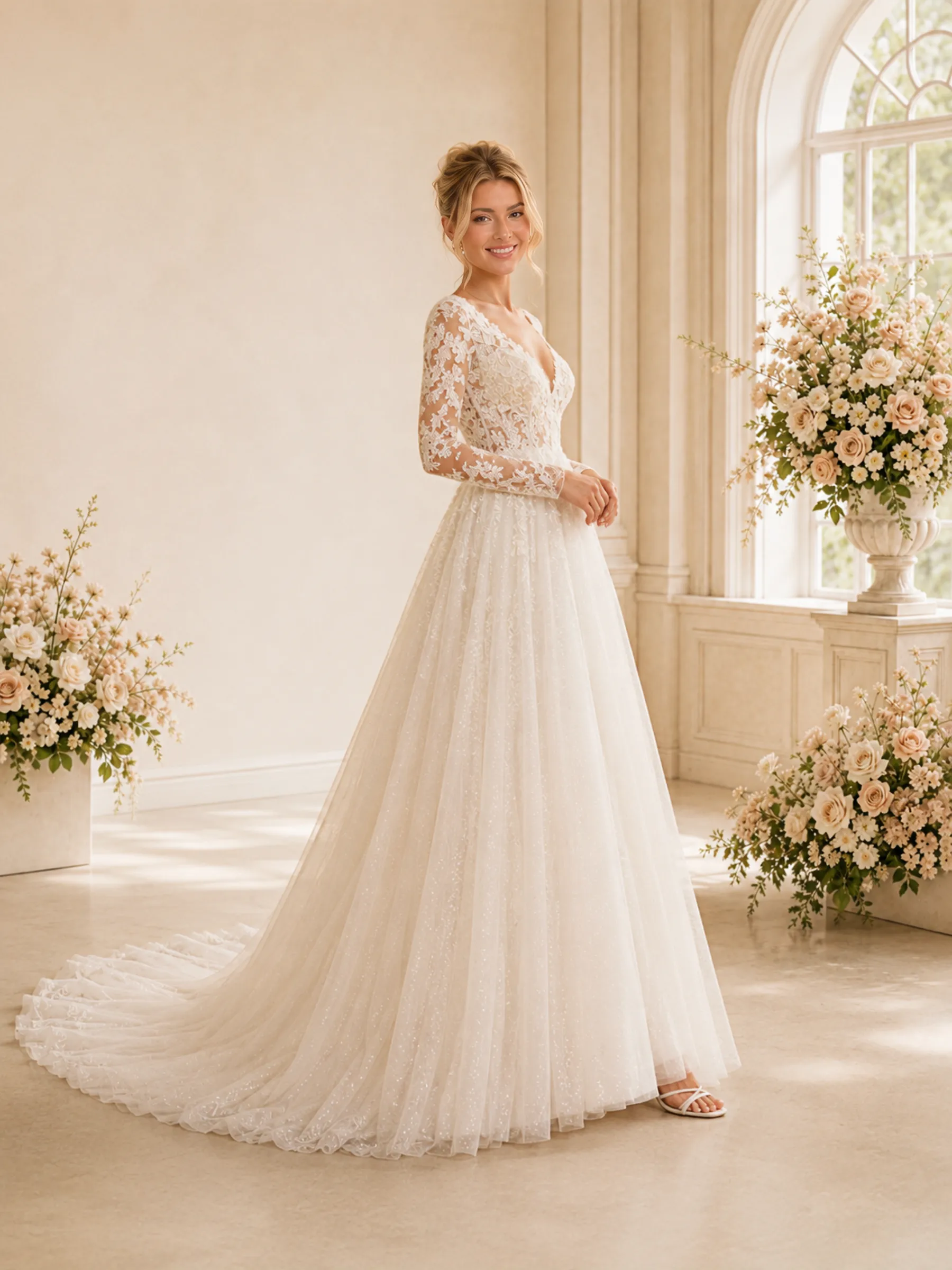 ChicSew Romantic Pretty A-Line Lace Tulle V-Neck Long Sleeves Floor-Length Wedding Dresses sold by ChicSew product image thumbnail 3