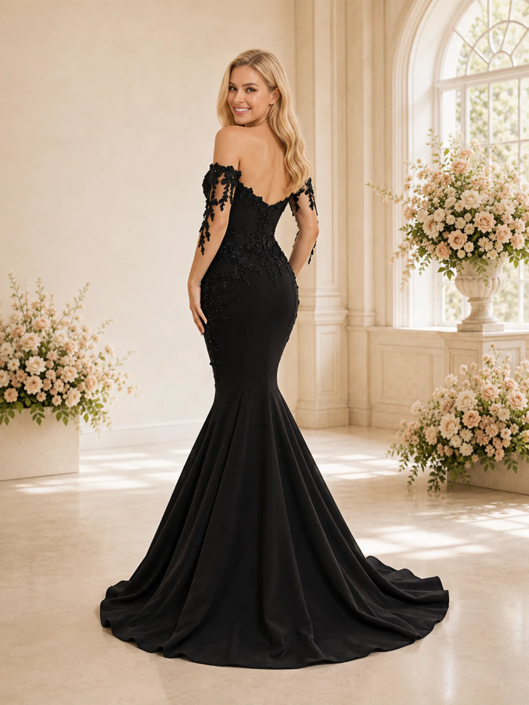 ChicSew Fancy Unique Off The Shoulder Lace Crepe Mermaid Maxi Wedding Dress With Applique sold by ChicSew product image thumbnail 4