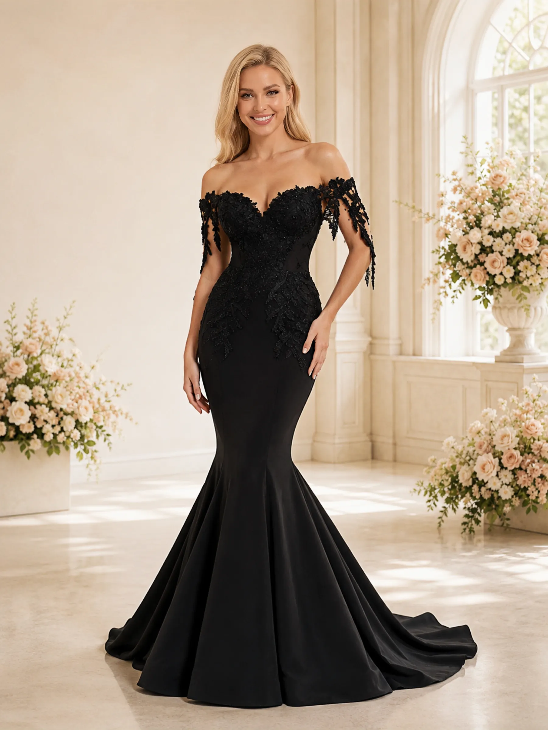 ChicSew Fancy Unique Off The Shoulder Lace Crepe Mermaid Maxi Wedding Dress With Applique sold by ChicSew