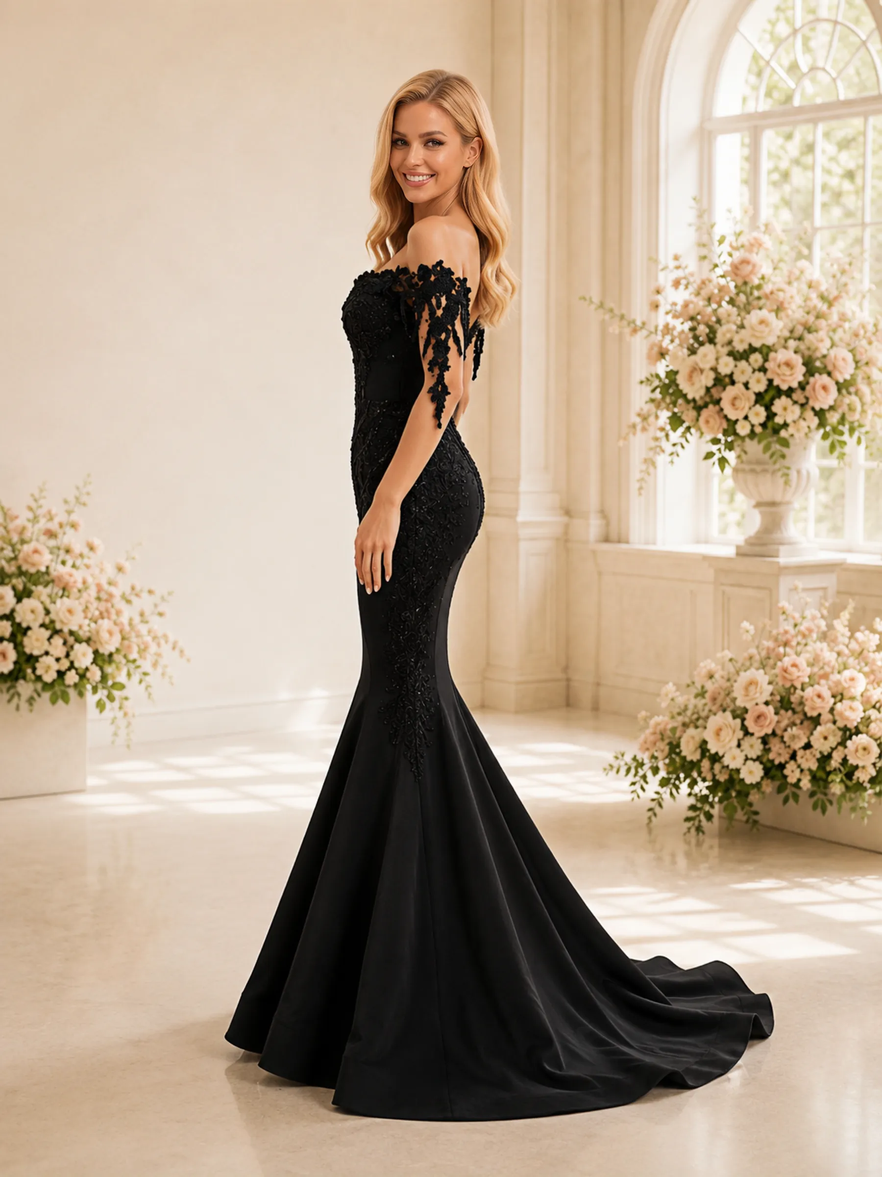 ChicSew Fancy Unique Off The Shoulder Lace Crepe Mermaid Maxi Wedding Dress With Applique sold by ChicSew product image thumbnail 3