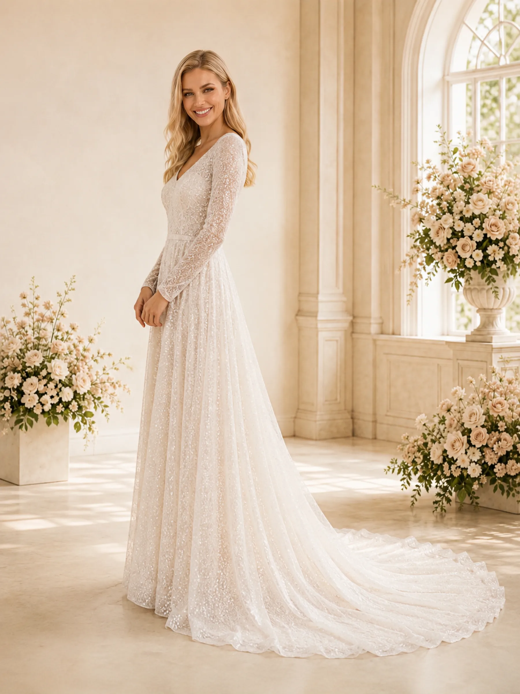 ChicSew Romantic A-Line V-Neck Long Sleeves Beaded Tulle Floor-Length Wedding Dresses With Train sold by ChicSew product image thumbnail 3