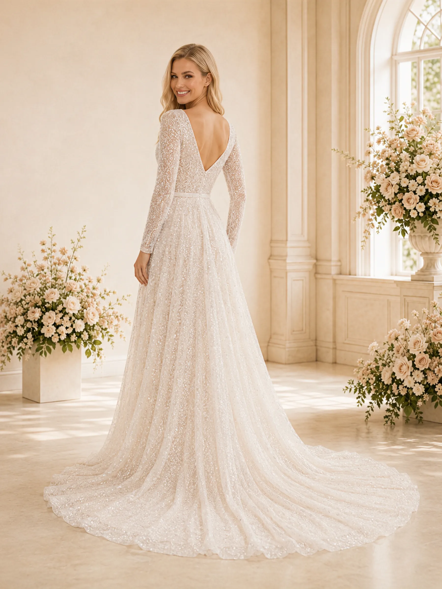 ChicSew Romantic A-Line V-Neck Long Sleeves Beaded Tulle Floor-Length Wedding Dresses With Train sold by ChicSew product image thumbnail 4