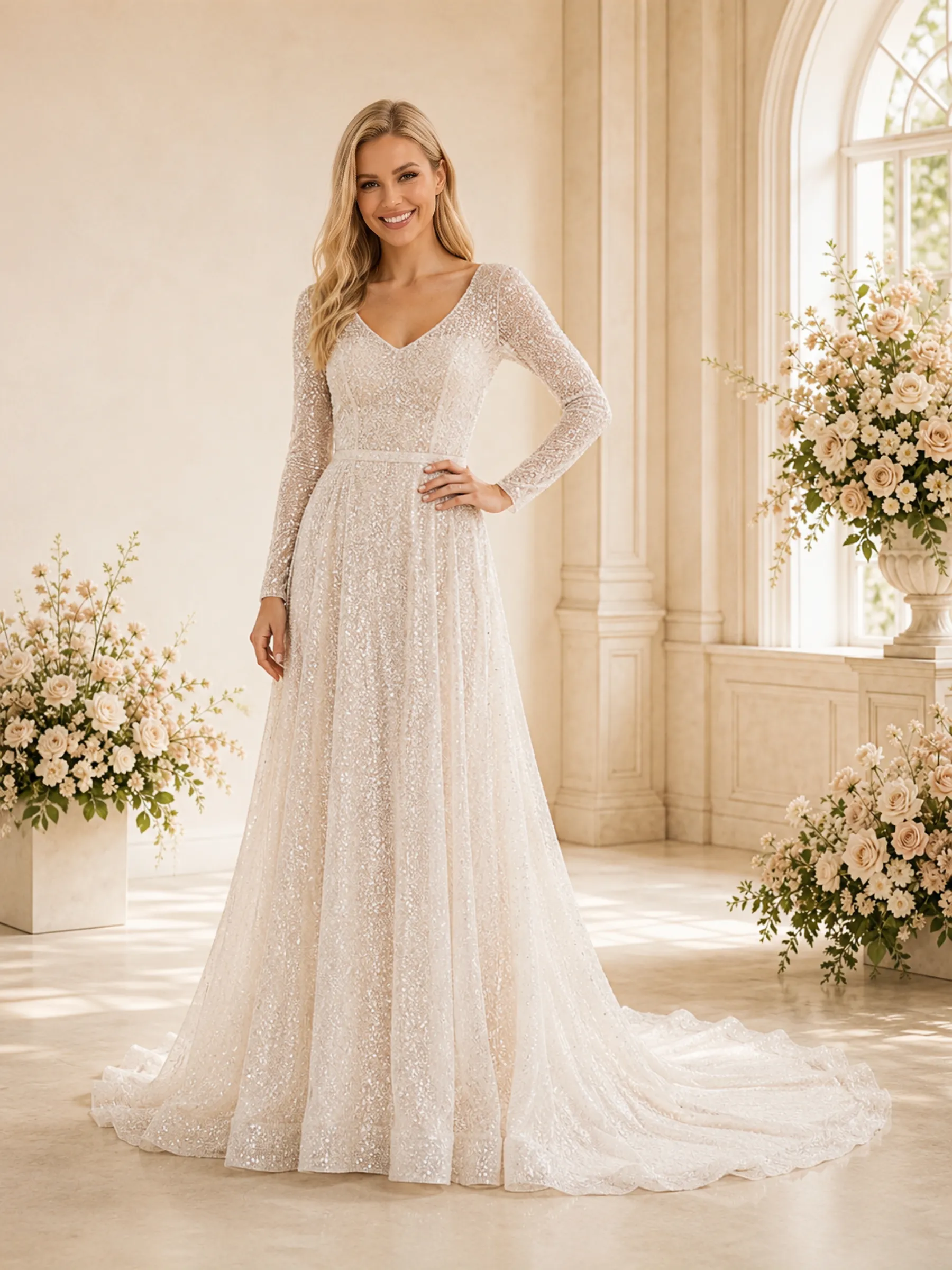 ChicSew Romantic A-Line V-Neck Long Sleeves Beaded Tulle Floor-Length Wedding Dresses With Train sold by ChicSew