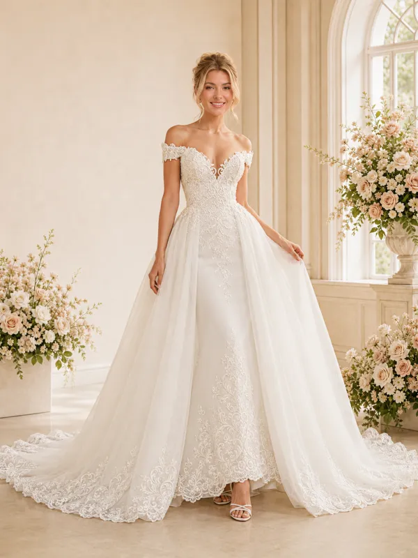 ChicSew Glamorous Lace Tulle Mermaid Off The Shoulder Full‑Length Wedding Dresses With Overskirt made by ChicSew