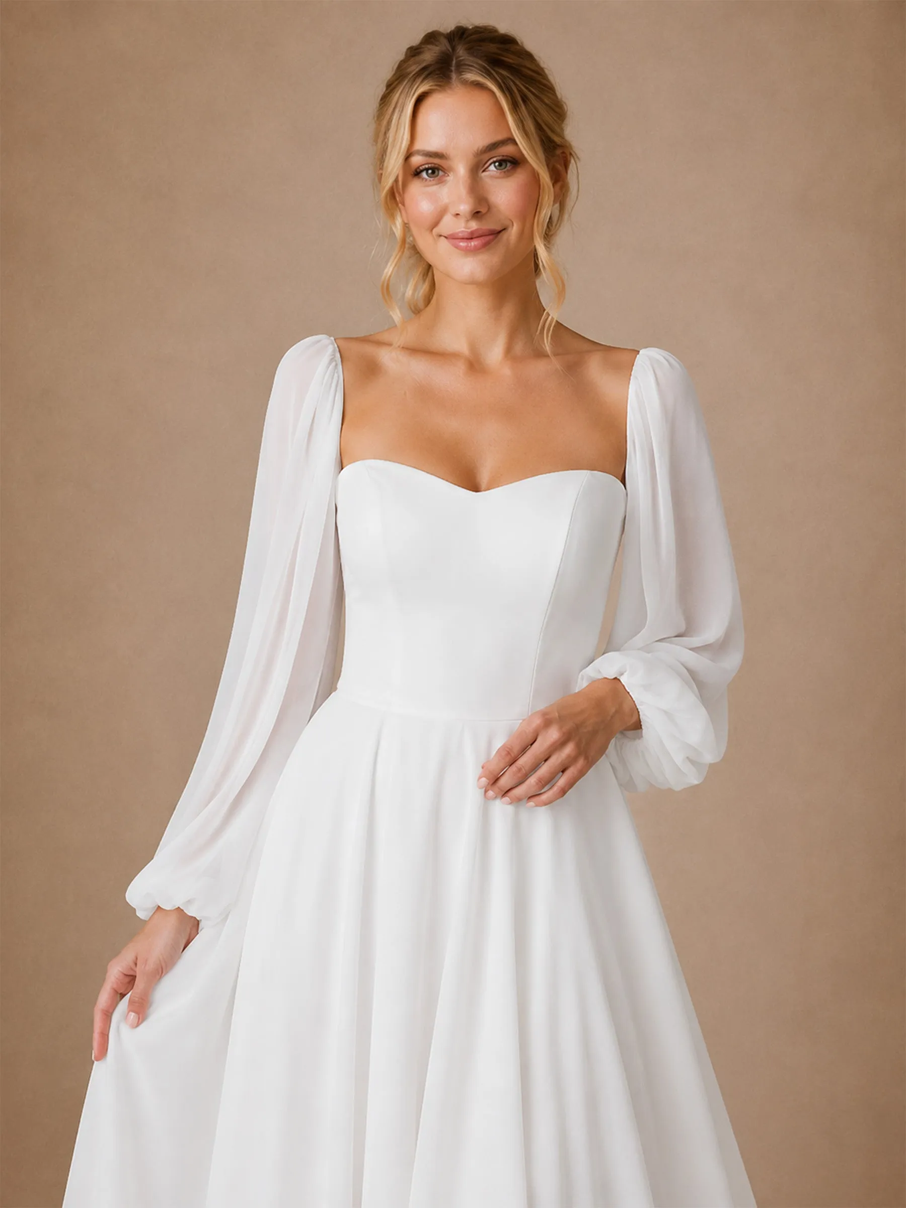 ChicSew Elegant Long Sleeves Chiffon A-Line Floor-Length Wedding Dresses With Pleats sold by ChicSew product image thumbnail 2