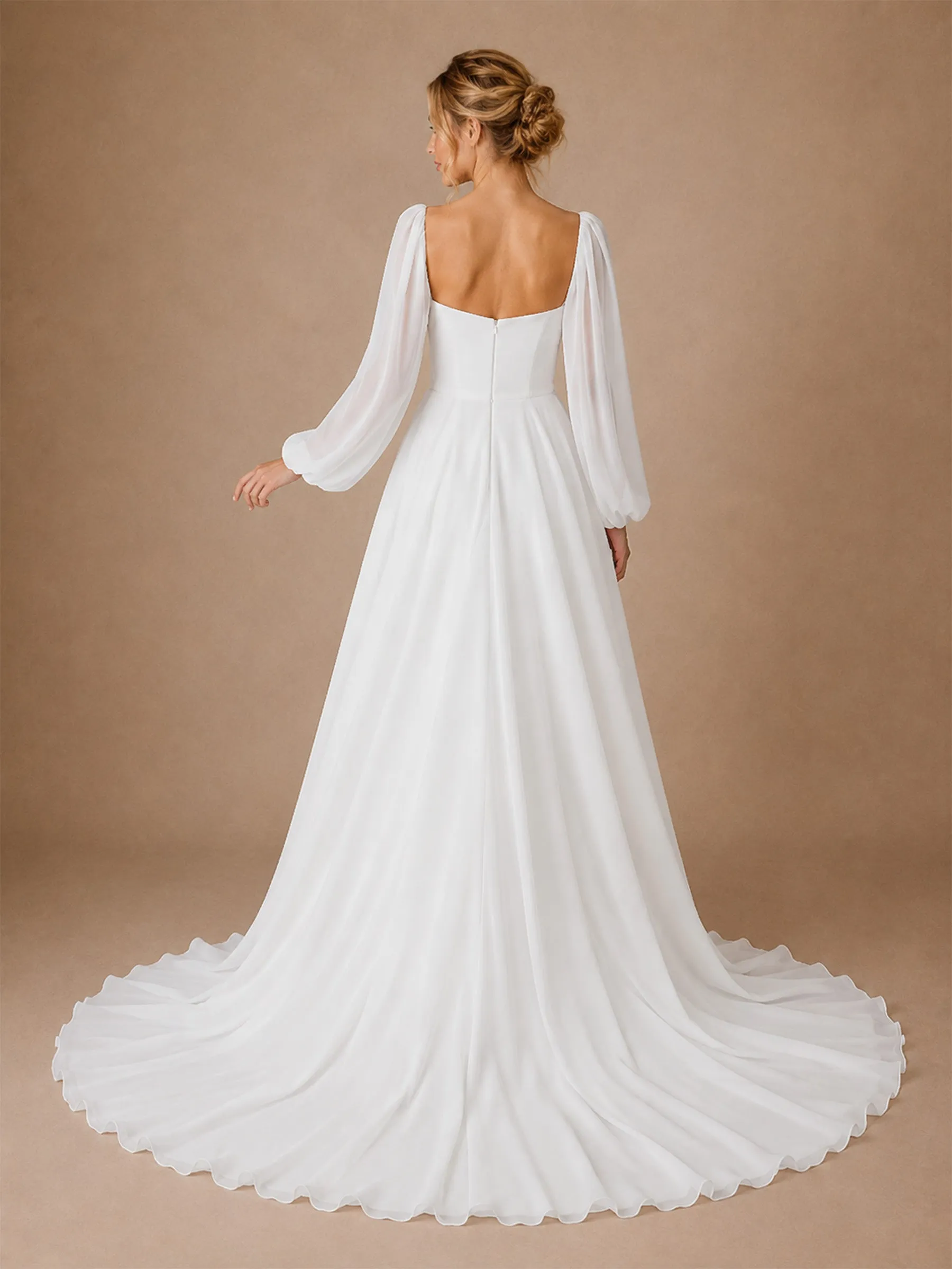 ChicSew Elegant Long Sleeves Chiffon A-Line Floor-Length Wedding Dresses With Pleats sold by ChicSew product image thumbnail 3
