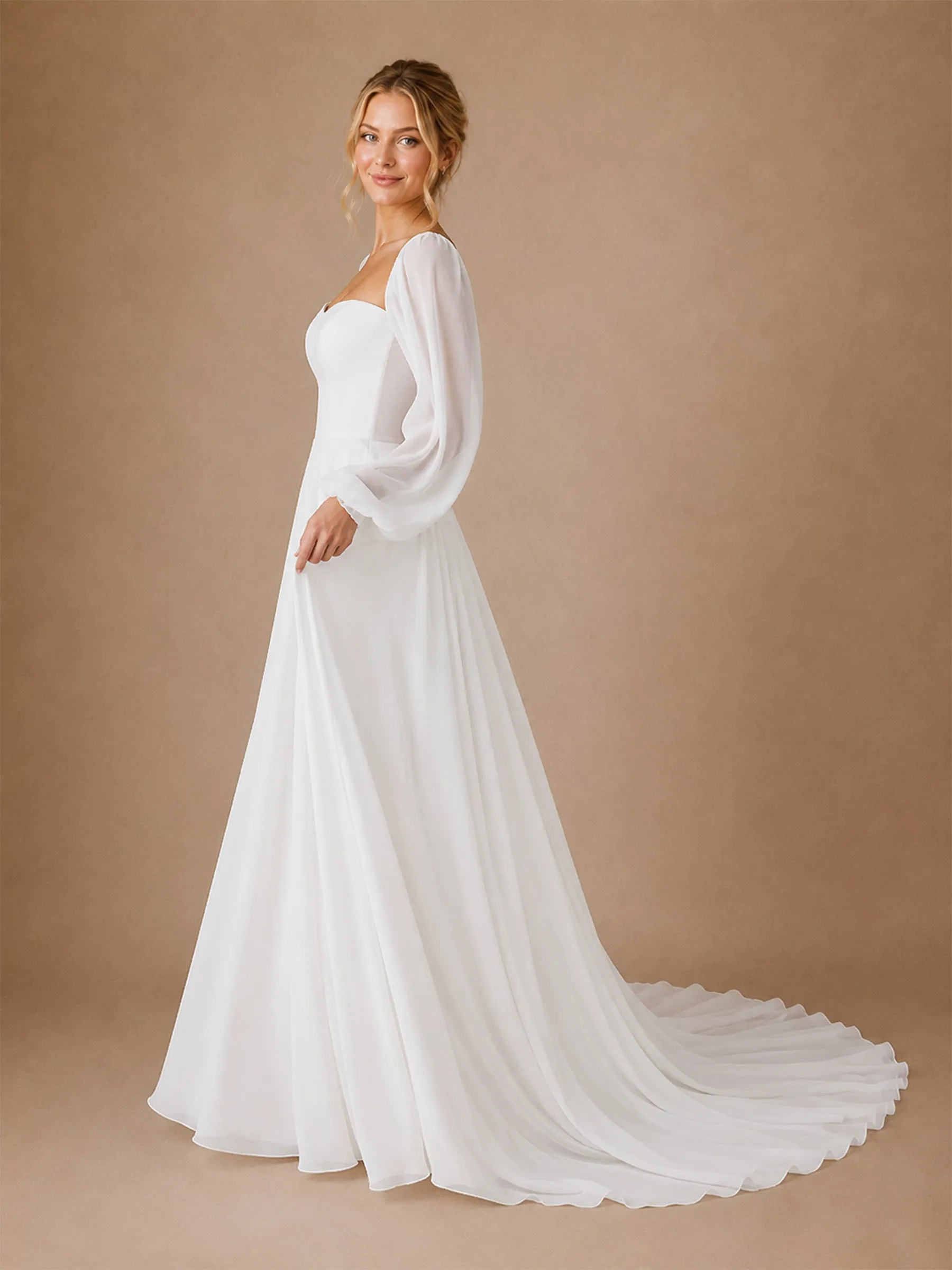 ChicSew Elegant Long Sleeves Chiffon A-Line Floor-Length Wedding Dresses With Pleats sold by ChicSew product image thumbnail 4