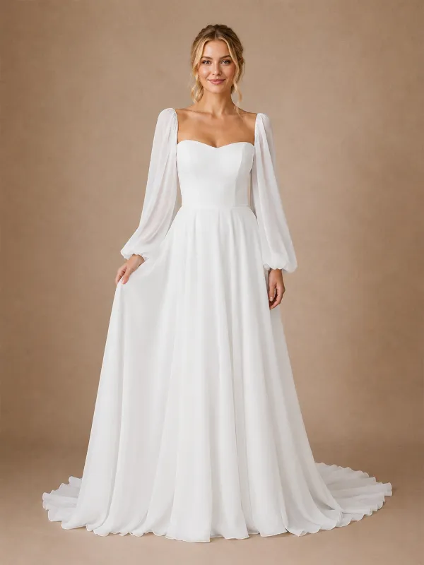 ChicSew Elegant Long Sleeves Chiffon A-Line Floor-Length Wedding Dresses With Pleats made by ChicSew
