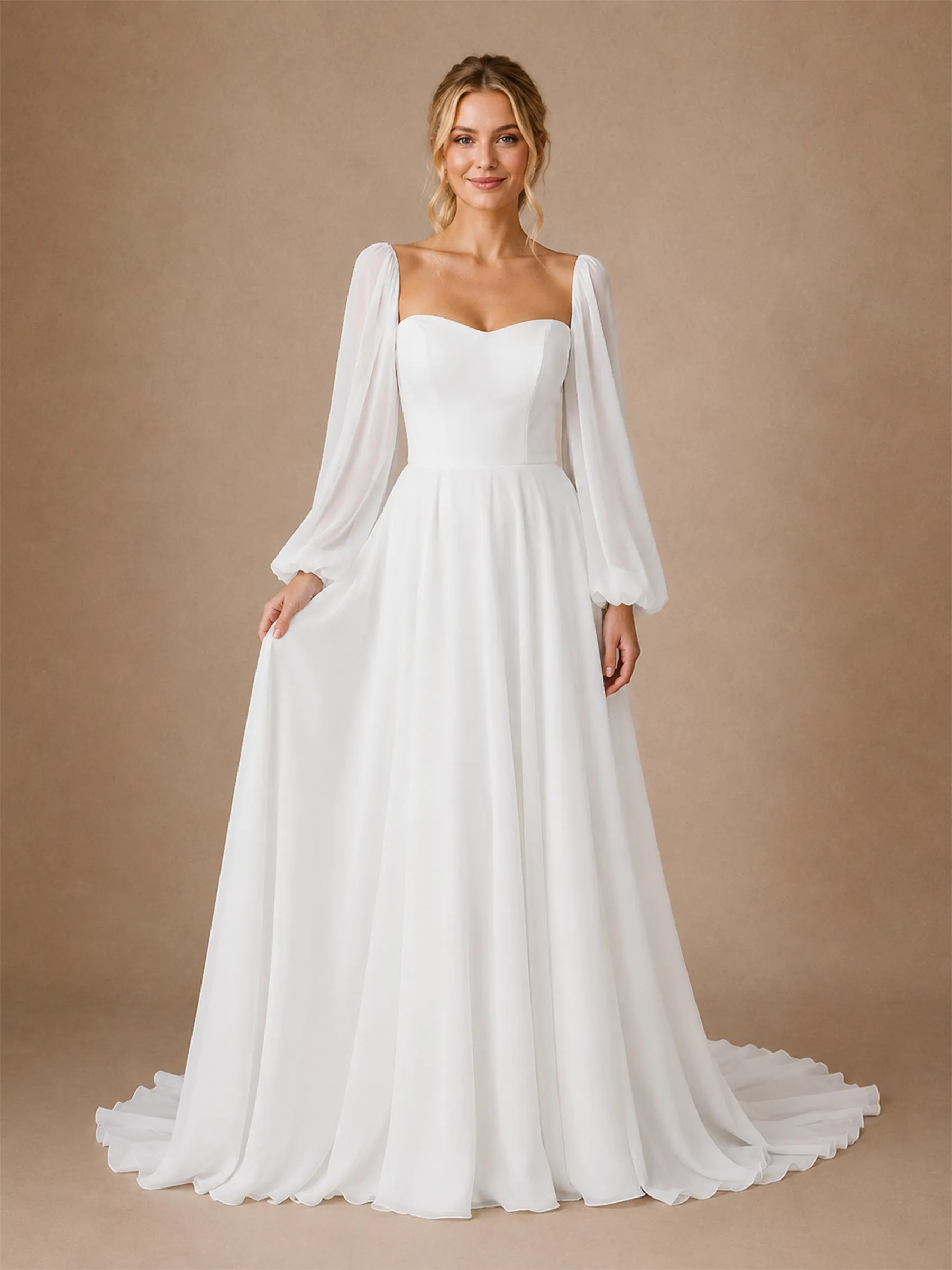 ChicSew Elegant Long Sleeves Chiffon A-Line Floor-Length Wedding Dresses With Pleats sold by ChicSew