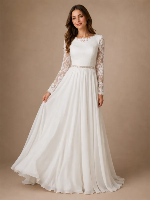 ChicSew Elegant Pretty Chiffon V-Neck Long Sleeves A-Line Pleated Maxi Wedding Dresses With Applique made by ChicSew