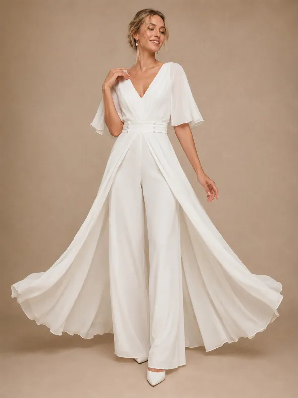 ChicSew Unique V-Neck Flutter Sleeves Chiffon Floor-Length Wedding Jumpsuit With Overskirt made by ChicSew