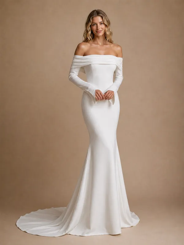 ChicSew Fancy 3/4 Sleeves Off The Shoulder Crepe Mermaid Long Wedding Dress made by ChicSew