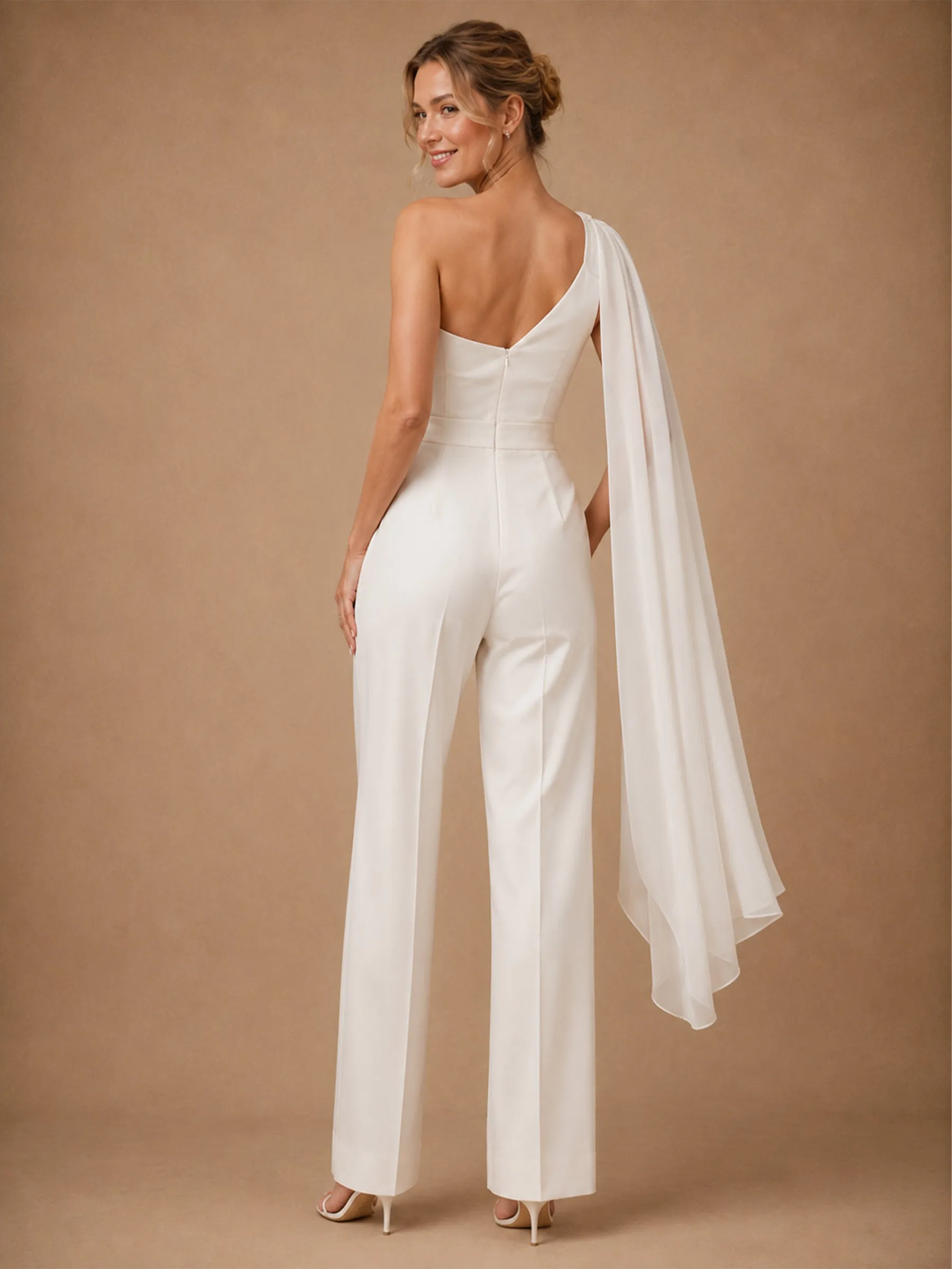 ChicSew Unique One Shoulder Sleeveless Ruching Crepe Floor-Length Wedding Jumpsuit sold by ChicSew product image thumbnail 3
