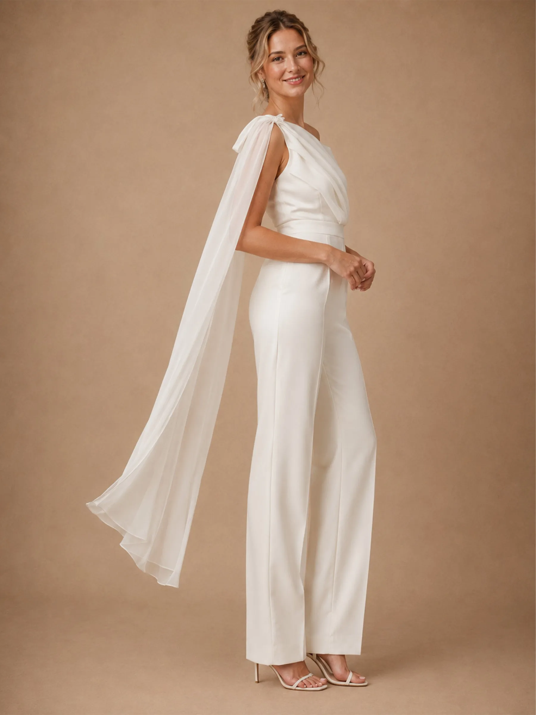 ChicSew Unique One Shoulder Sleeveless Ruching Crepe Floor-Length Wedding Jumpsuit sold by ChicSew product image thumbnail 4