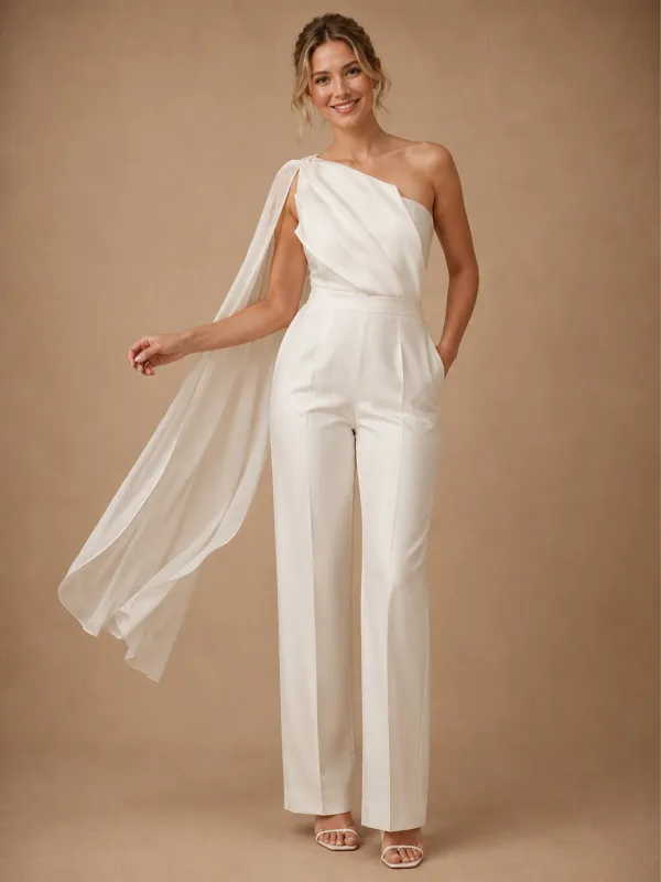 ChicSew Unique One Shoulder Sleeveless Ruching Crepe Floor-Length Wedding Jumpsuit made by ChicSew
