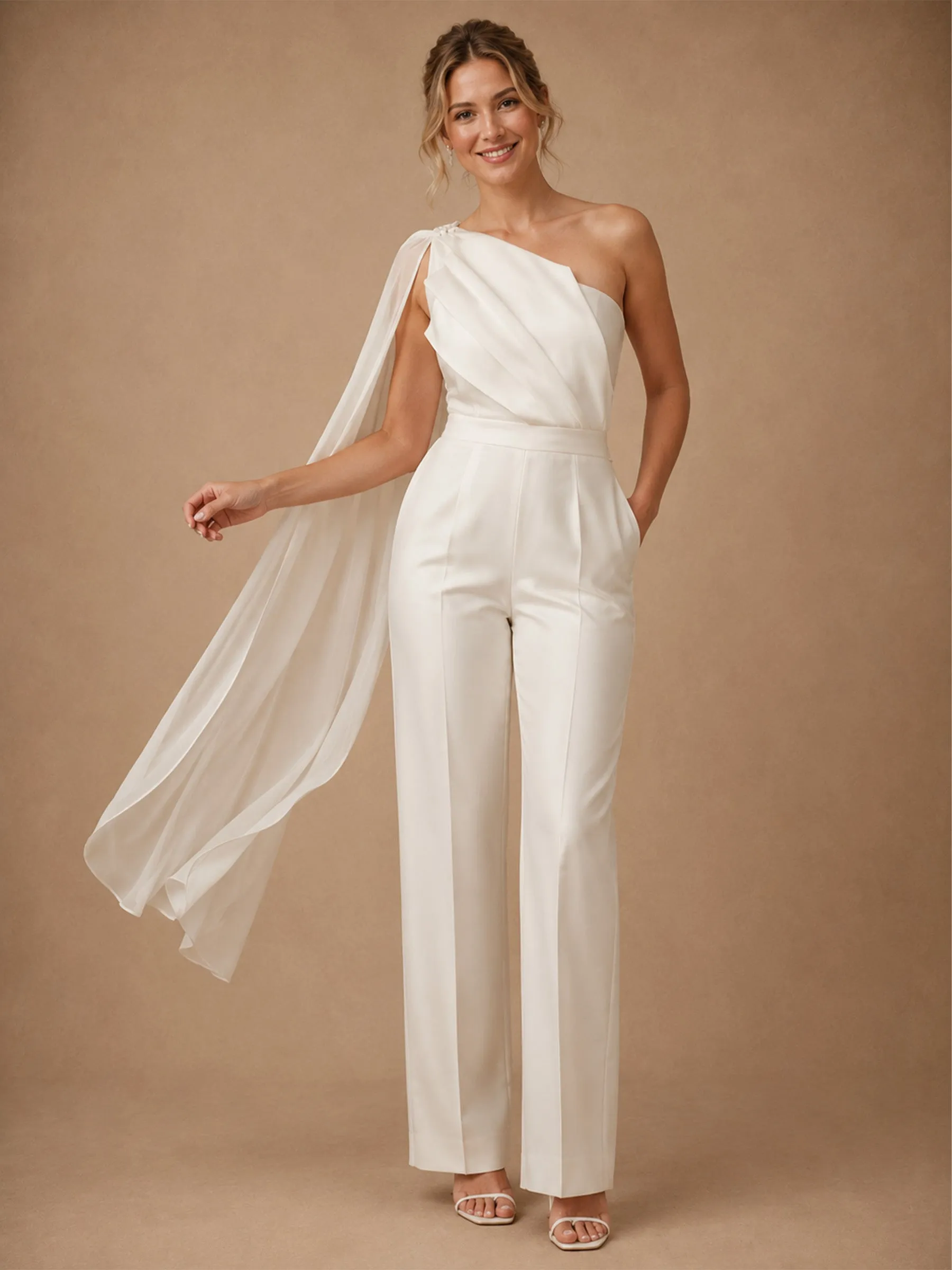 ChicSew Unique One Shoulder Sleeveless Ruching Crepe Floor-Length Wedding Jumpsuit sold by ChicSew