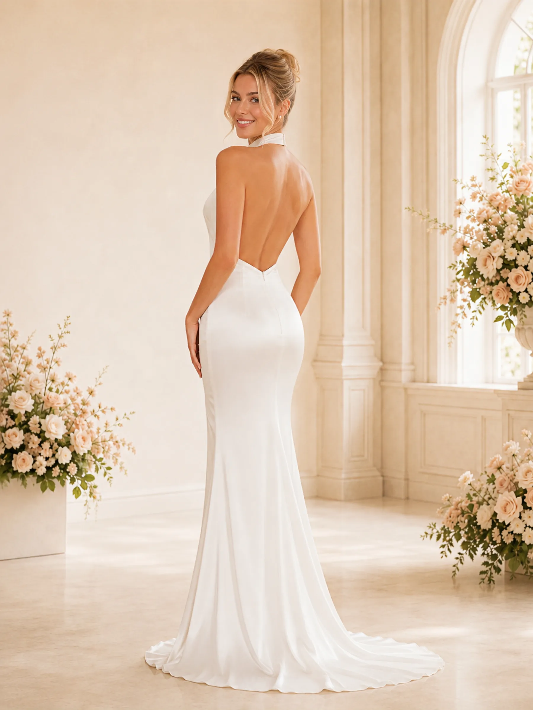 ChicSew Elegant High Neck Side Slit Sleeveless Satin Mermaid Long Wedding Dresses sold by ChicSew product image thumbnail 4