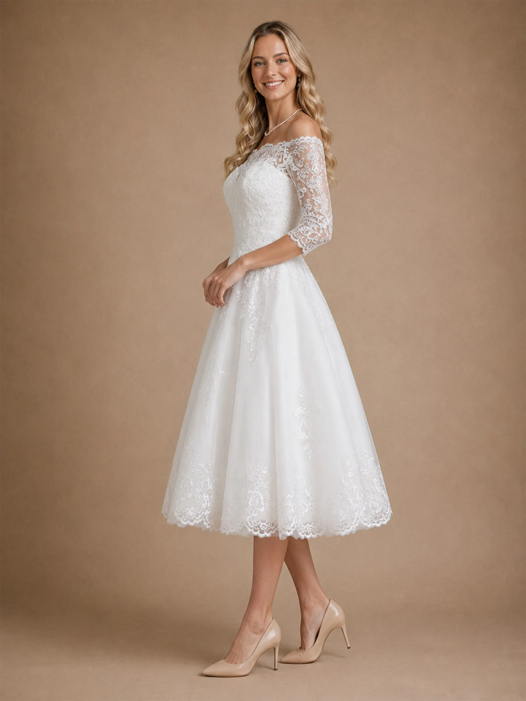 ChicSew Pretty Off The Shoulder A-Line Lace Appliques Tulle Half Sleeves Midi Wedding Dresses sold by ChicSew product image thumbnail 4