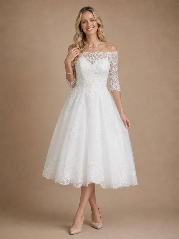 ChicSew Pretty Off The Shoulder A-Line Lace Appliques Tulle Half Sleeves Midi Wedding Dresses made by ChicSew