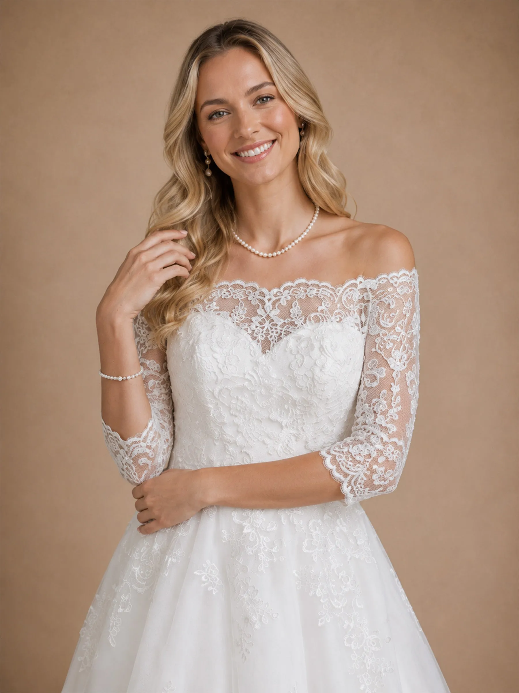 ChicSew Pretty Off The Shoulder A-Line Lace Appliques Tulle Half Sleeves Midi Wedding Dresses sold by ChicSew product image thumbnail 2