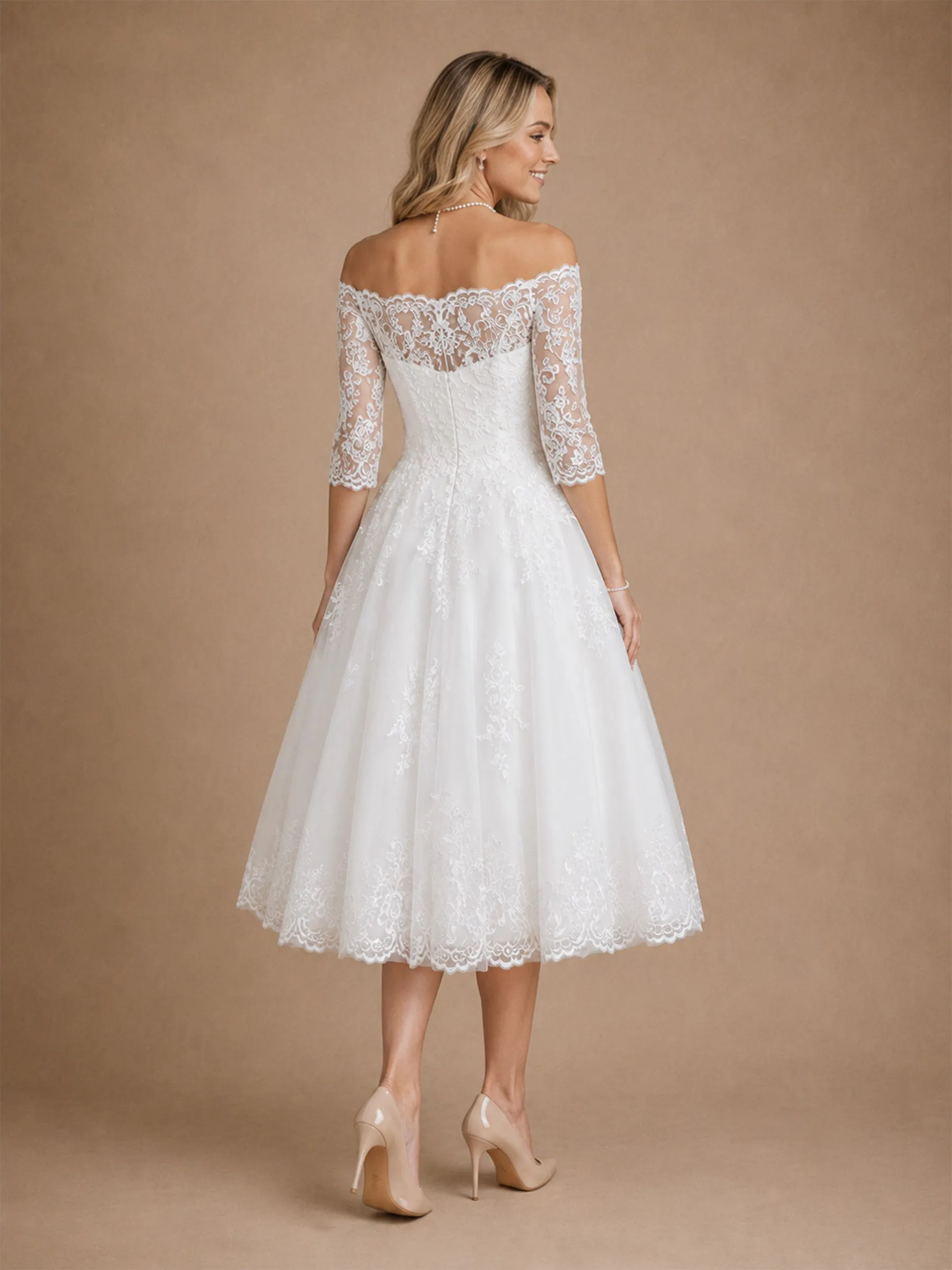 ChicSew Pretty Off The Shoulder A-Line Lace Appliques Tulle Half Sleeves Midi Wedding Dresses sold by ChicSew product image thumbnail 3