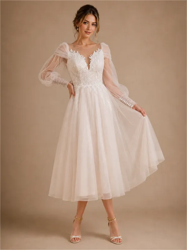 ChicSew Beautiful Illusion Long Sleeves Lace Glitter Tulle A-Line Tea-Length Wedding Dresses made by ChicSew