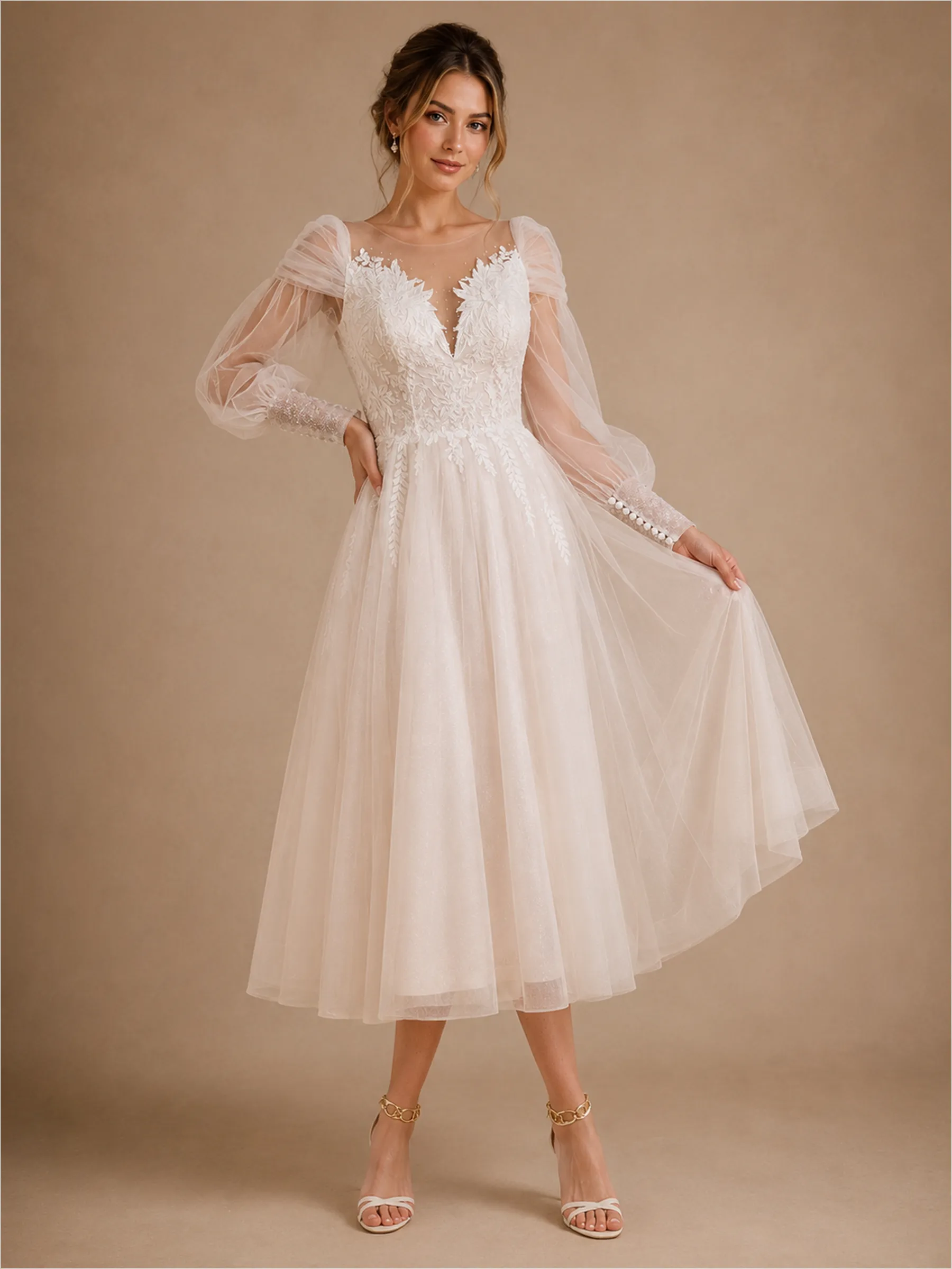 ChicSew Beautiful Illusion Long Sleeves Lace Glitter Tulle A-Line Tea-Length Wedding Dresses sold by ChicSew