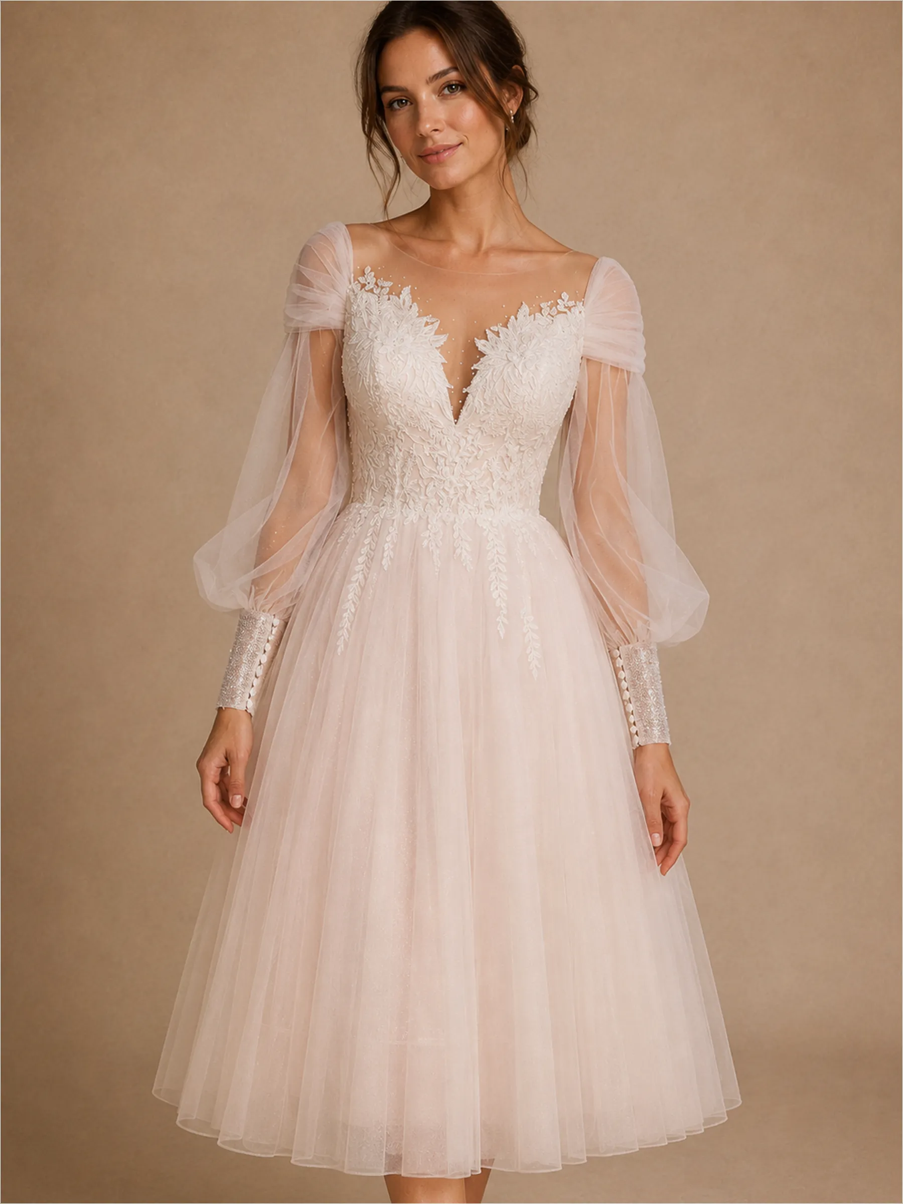 ChicSew Beautiful Illusion Long Sleeves Lace Glitter Tulle A-Line Tea-Length Wedding Dresses sold by ChicSew product image thumbnail 2