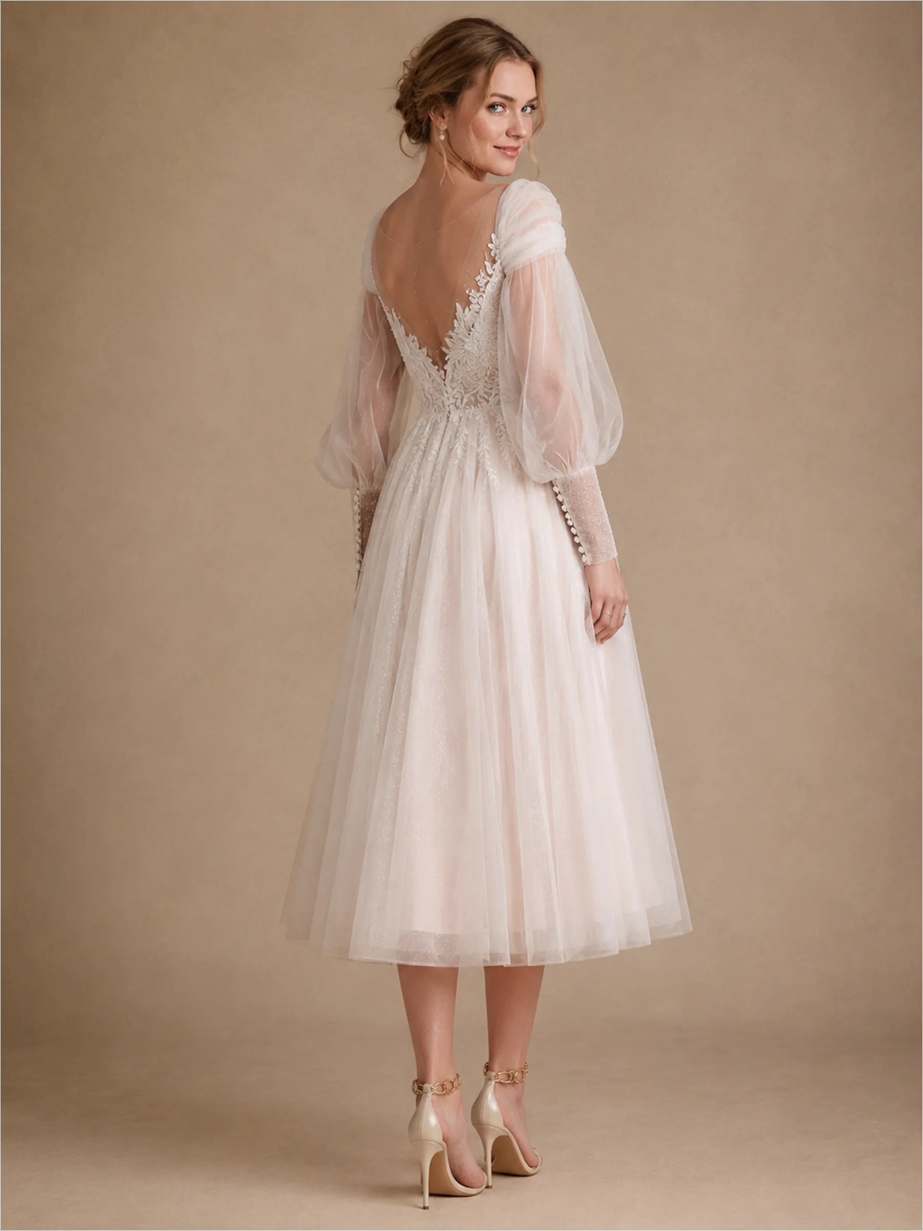 ChicSew Beautiful Illusion Long Sleeves Lace Glitter Tulle A-Line Tea-Length Wedding Dresses sold by ChicSew product image thumbnail 3