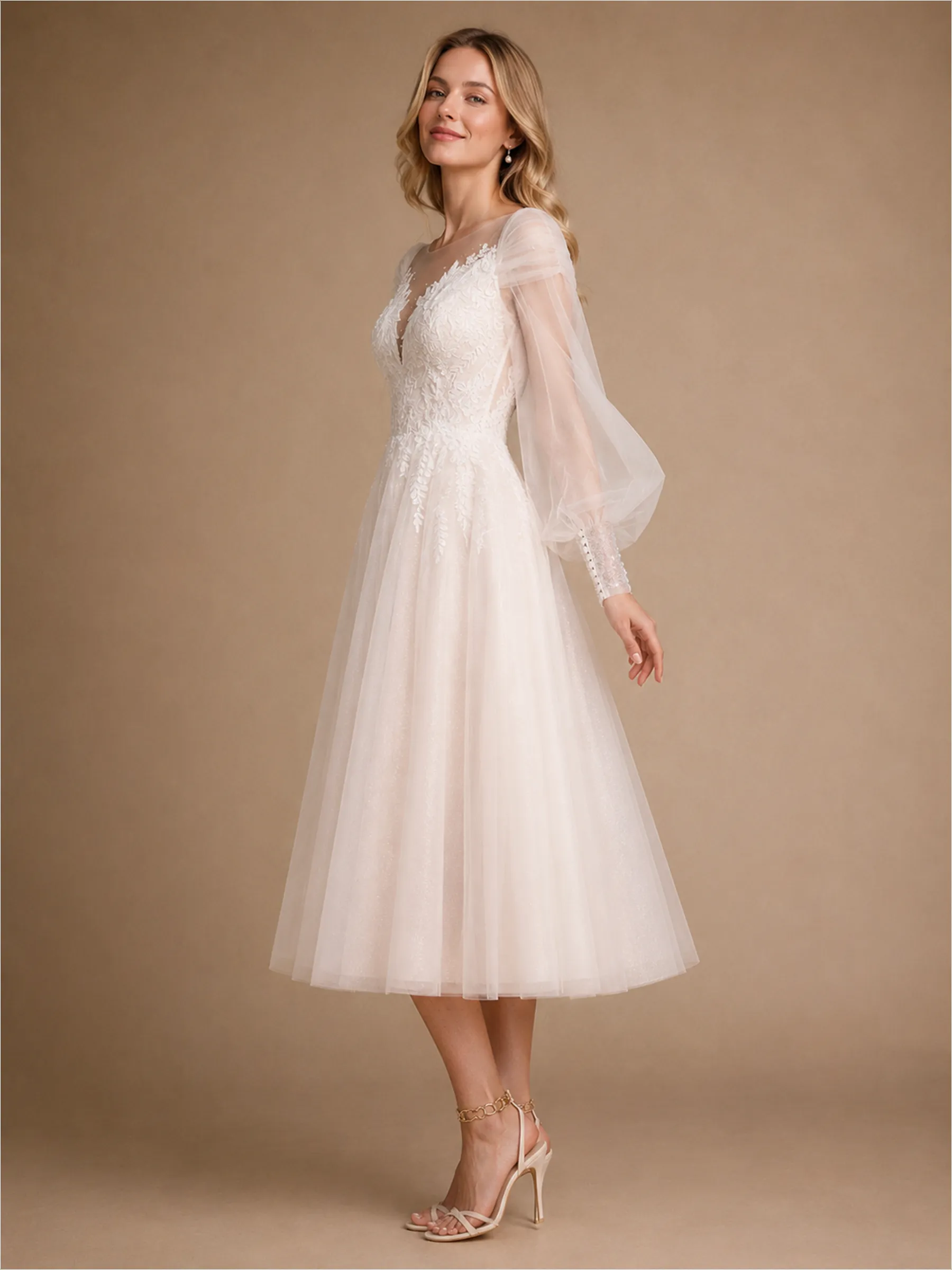 ChicSew Beautiful Illusion Long Sleeves Lace Glitter Tulle A-Line Tea-Length Wedding Dresses sold by ChicSew product image thumbnail 4