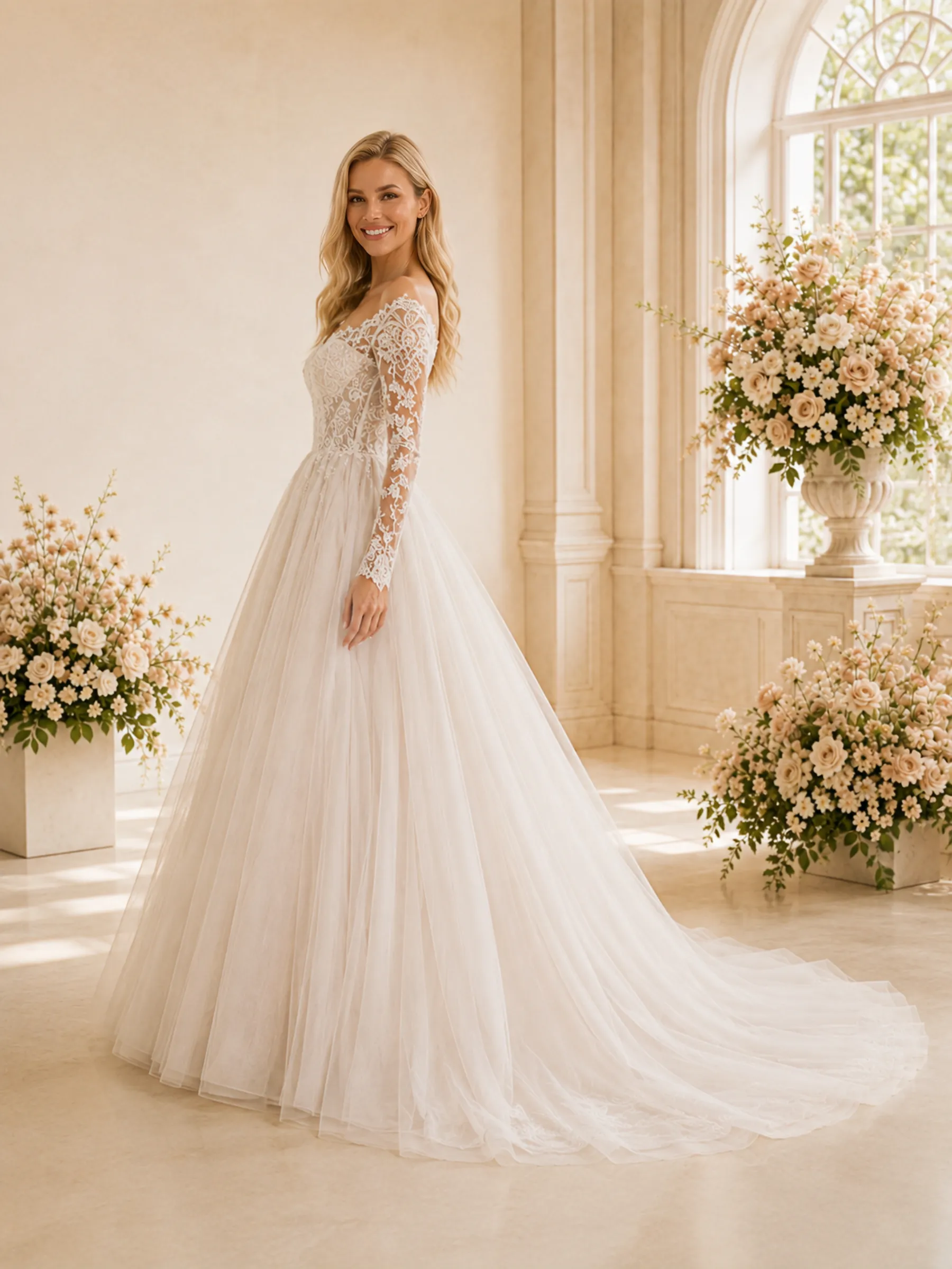 ChicSew Elegant Pretty Long Sleeves A-Line Lace Tulle Floor-Length Wedding Dress With Applique sold by ChicSew product image thumbnail 3