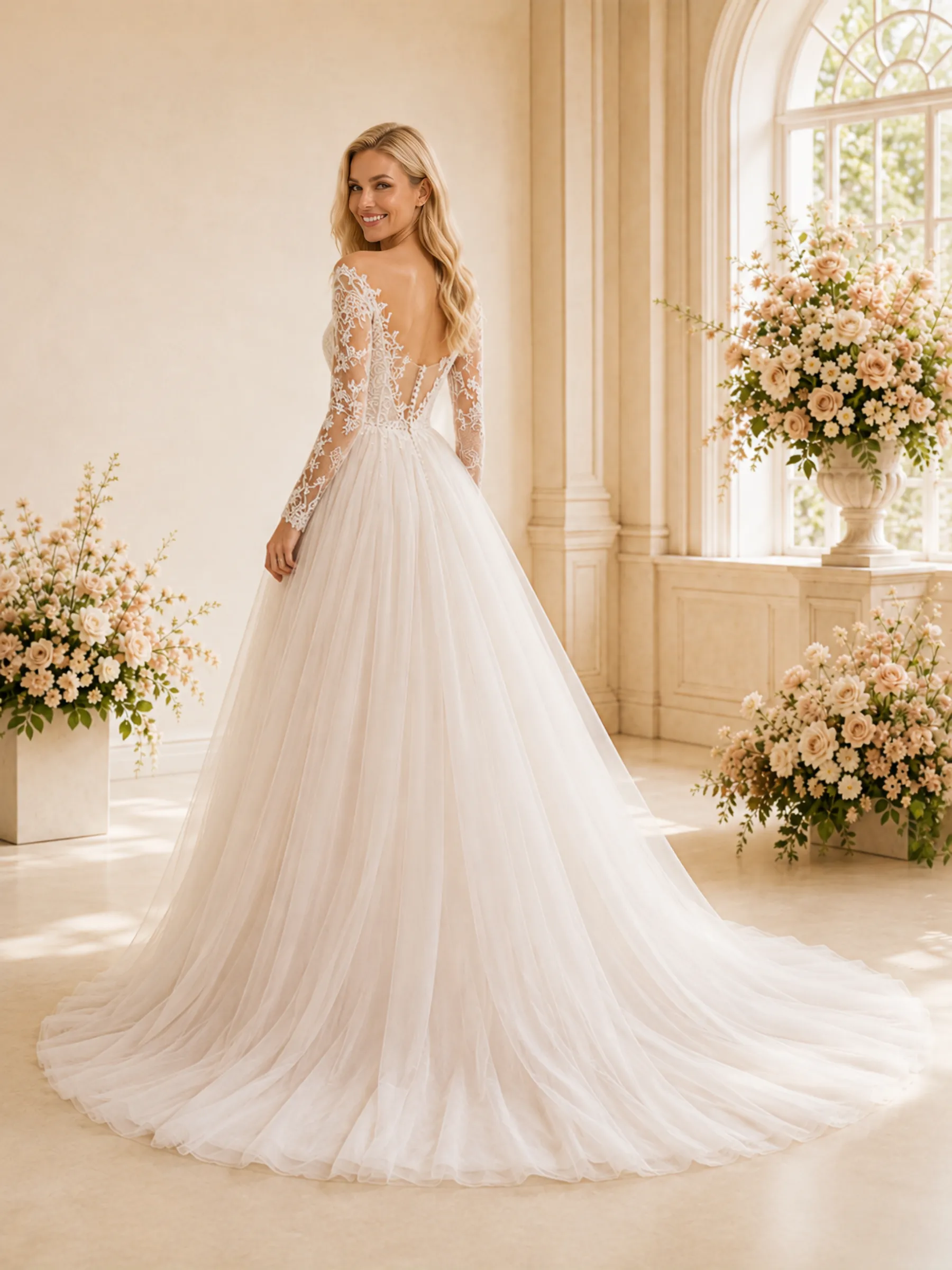 ChicSew Elegant Pretty Long Sleeves A-Line Lace Tulle Floor-Length Wedding Dress With Applique sold by ChicSew product image thumbnail 4