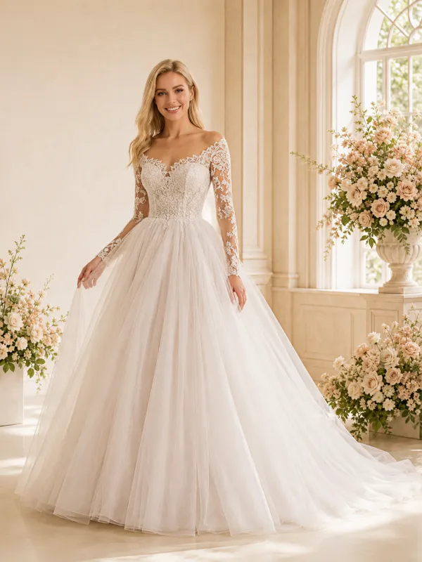 ChicSew Elegant Pretty Long Sleeves A-Line Lace Tulle Floor-Length Wedding Dress With Applique made by ChicSew