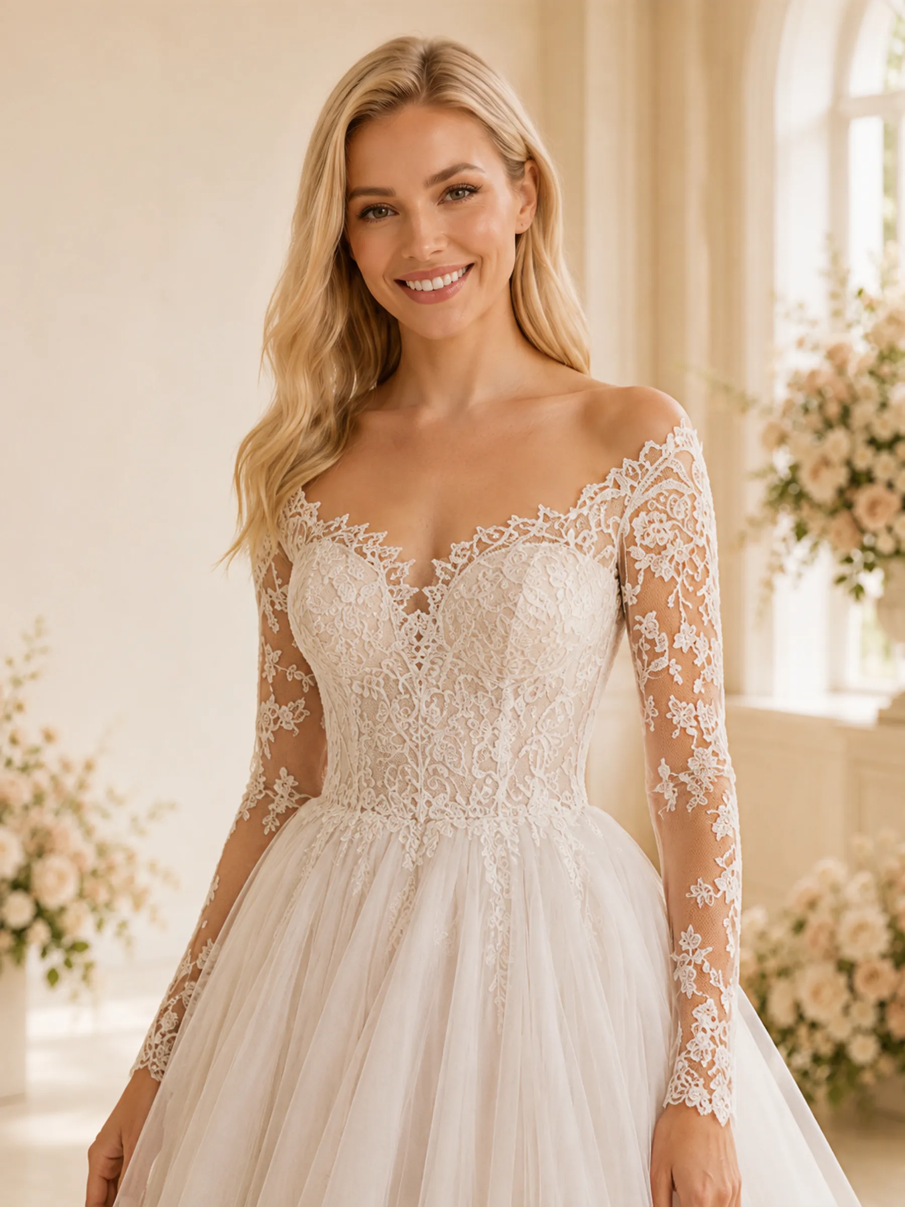 ChicSew Elegant Pretty Long Sleeves A-Line Lace Tulle Floor-Length Wedding Dress With Applique sold by ChicSew product image thumbnail 2