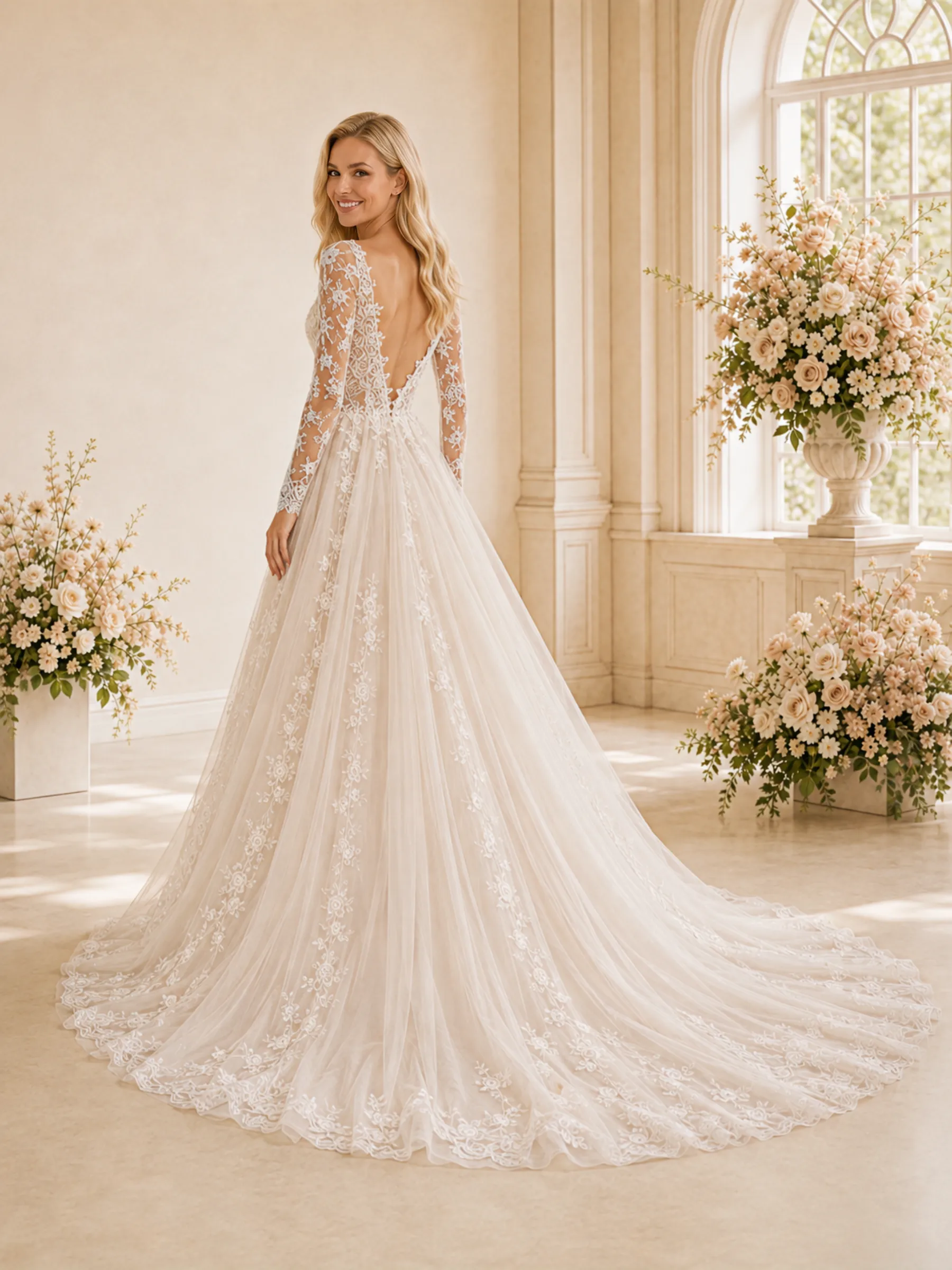 ChicSew Elegant Pretty Deep V-Neck Long Sleeves A-Line Lace Applique Tulle Floor-Length Wedding Dress sold by ChicSew product image thumbnail 4